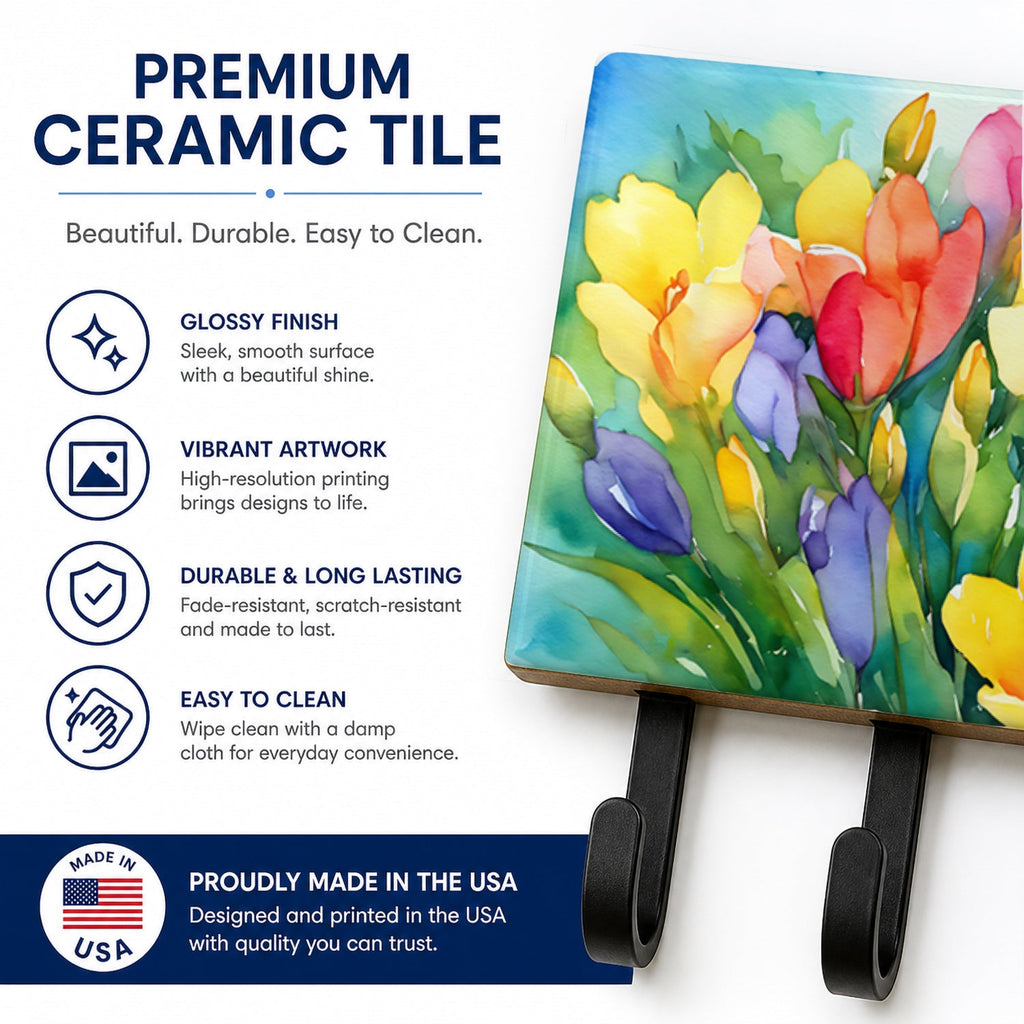 Freesias in Watercolor Leash or Key Holder Wall Hooks, Coat Rack Wall Mount, for Hanging Keys, Towels, Aprons, Leashes