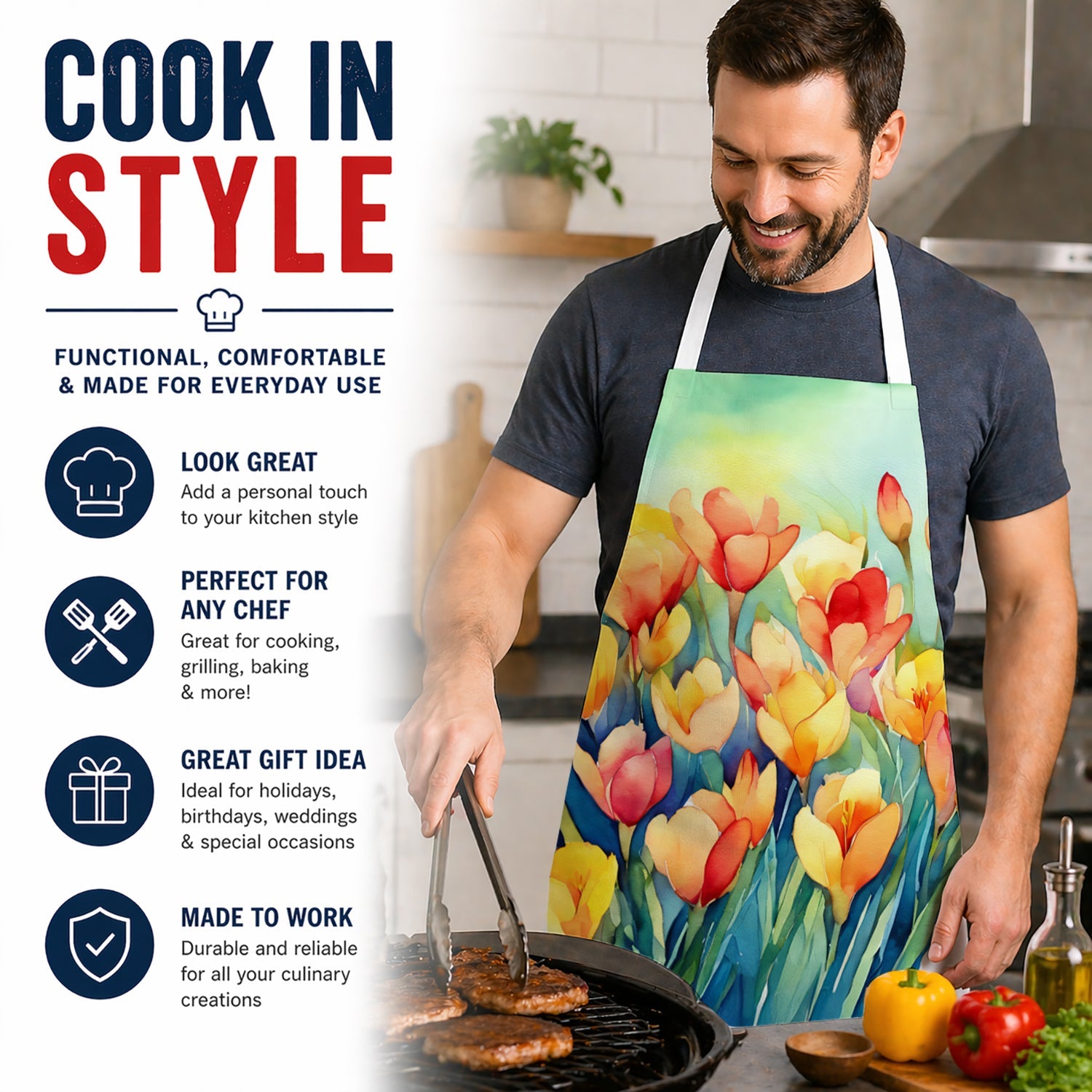 Freesias in Watercolor Apron Cooking Kitchen Server Baking Crafts Gardening for Adult Women Men, Unisex, Large, Multicolor