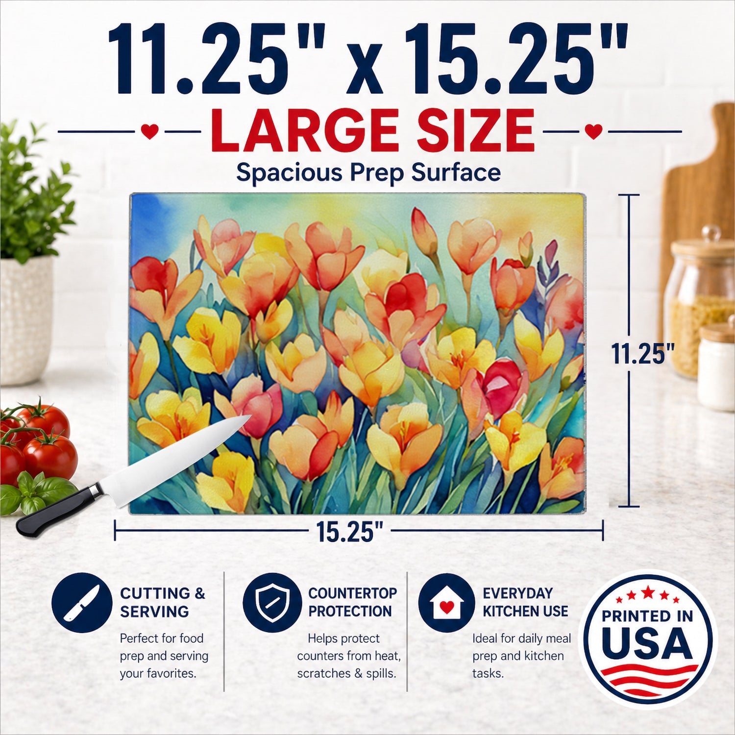 Freesias in Watercolor Cutting Board Tempered Glass Kitchen Cutting Surface, Heat Resistant Chopping, Non-Slip Feet, Food Prep & Serving