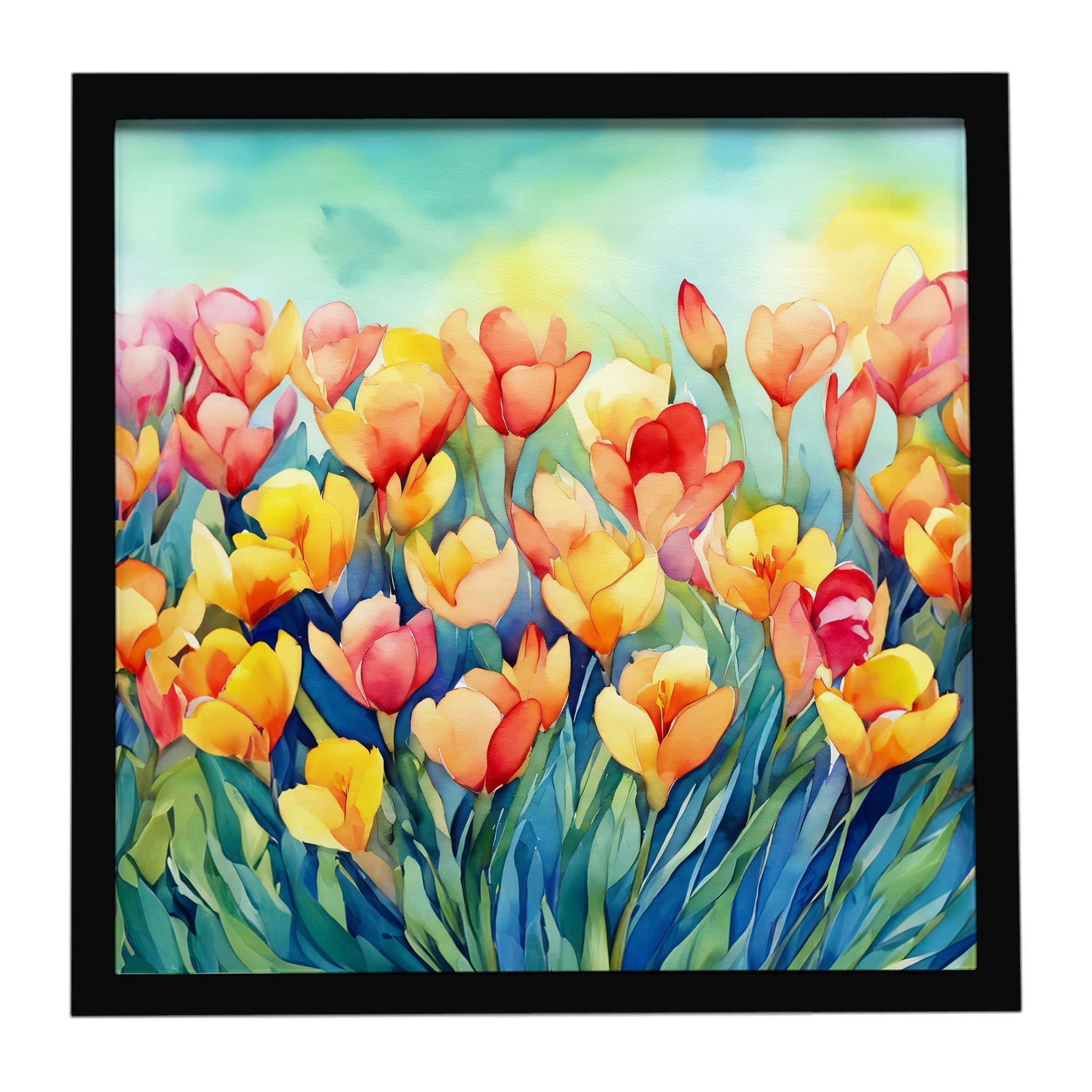 Freesias in Watercolor Framed Metal Print Bathroom, Kitchen, Office, Home Decor Wall Art Ready to Hang, Square, 8X8