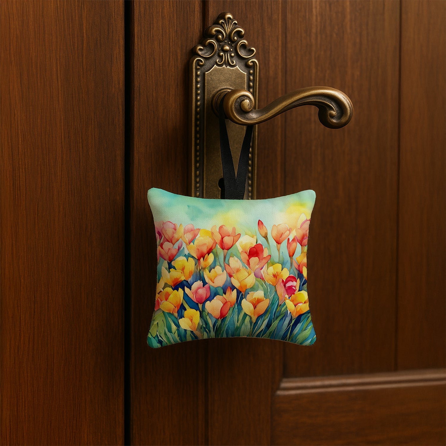 Freesias in Watercolor Hanging Square Fabric Ornament 3.5 × 3.5 Decorative Door-Knob & Tree Hanger, Soft Fabric