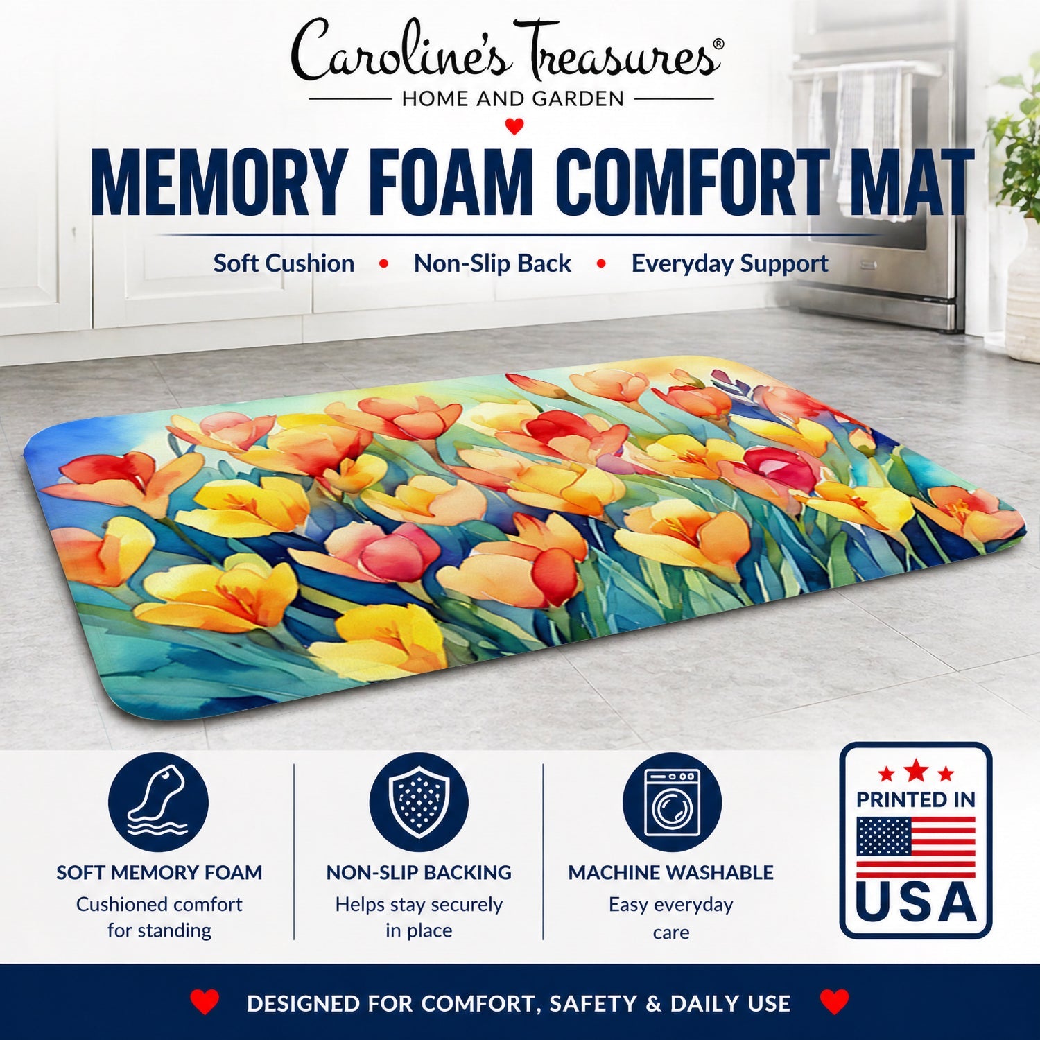 Freesias in Watercolor Memory Foam Kitchen Mat Machine Washable Anti-Fatigue Cushion Comfort Bath or Kitchen Rug