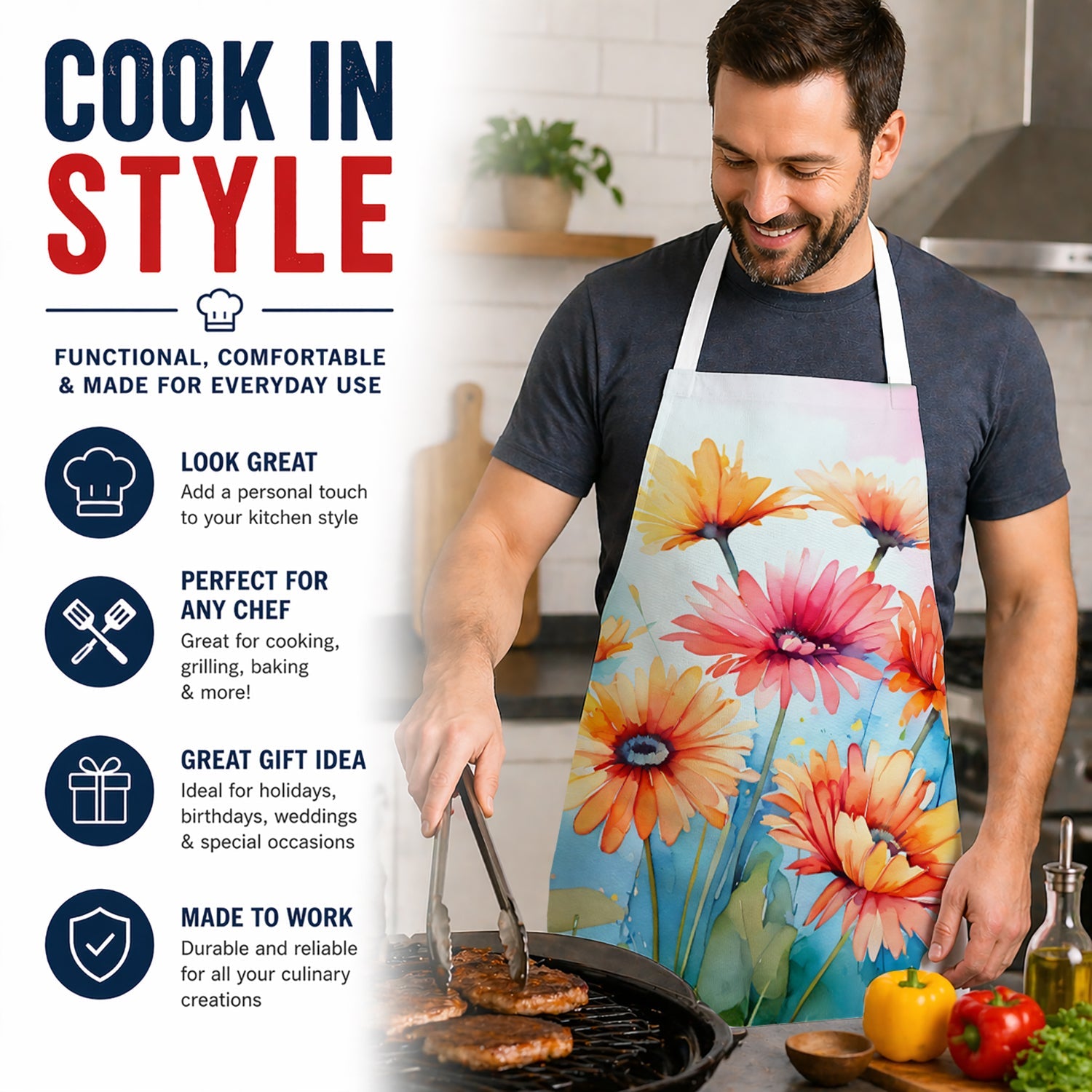 Gerbera Daisies in Watercolor Apron Cooking Kitchen Server Baking Crafts Gardening for Adult Women Men, Unisex, Large, Multicolor