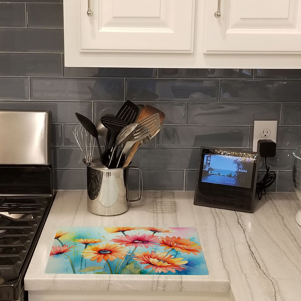 Gerbera Daisies in Watercolor Cutting Board Tempered Glass Kitchen Cutting Surface, Heat Resistant Chopping, Non-Slip Feet, Food Prep & Serving