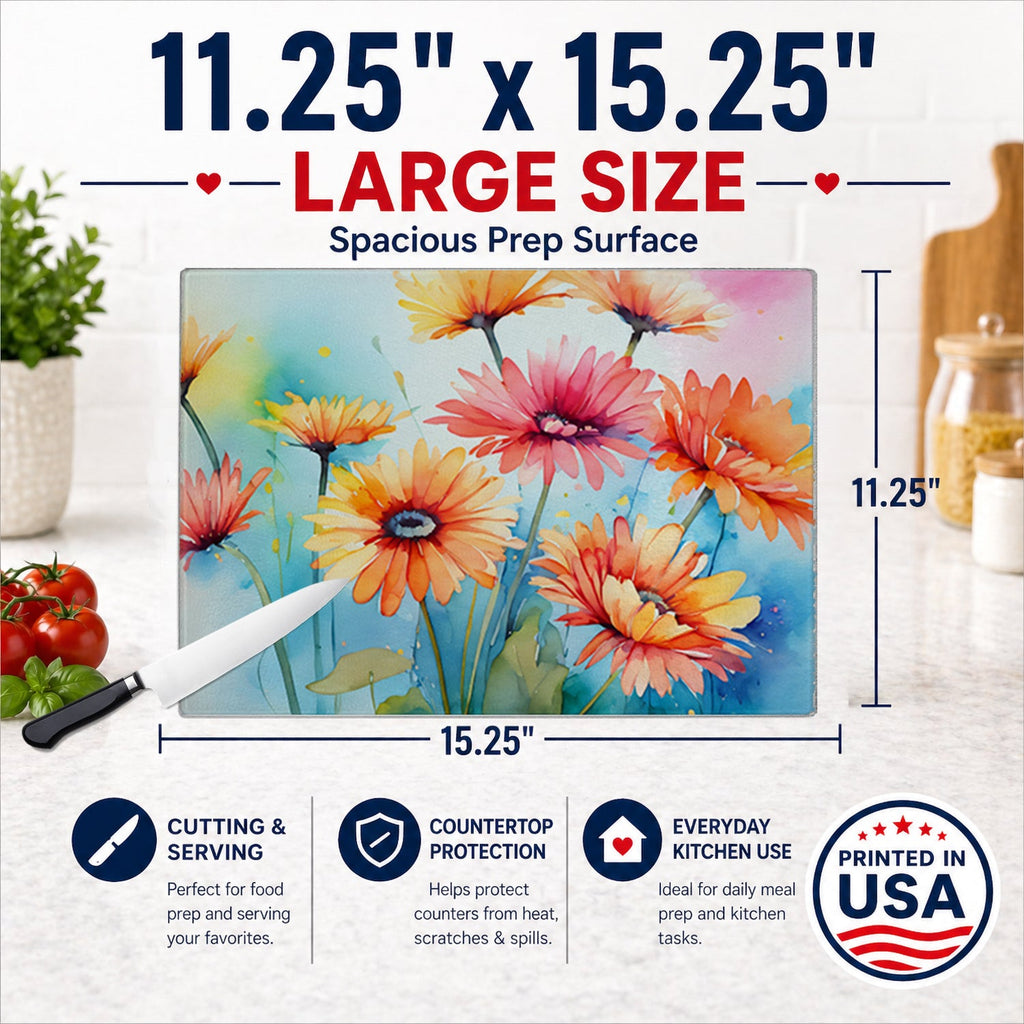 Gerbera Daisies in Watercolor Cutting Board Tempered Glass Kitchen Cutting Surface, Heat Resistant Chopping, Non-Slip Feet, Food Prep & Serving
