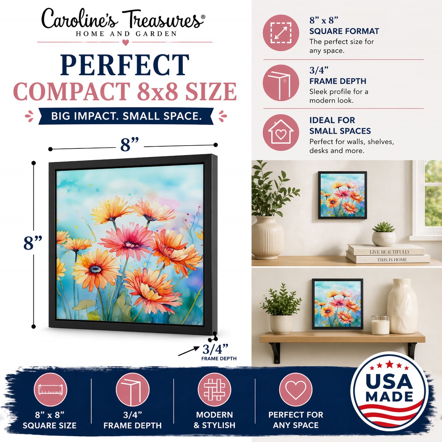 Gerbera Daisies in Watercolor Framed Metal Print Bathroom, Kitchen, Office, Home Decor Wall Art Ready to Hang, Square, 8X8
