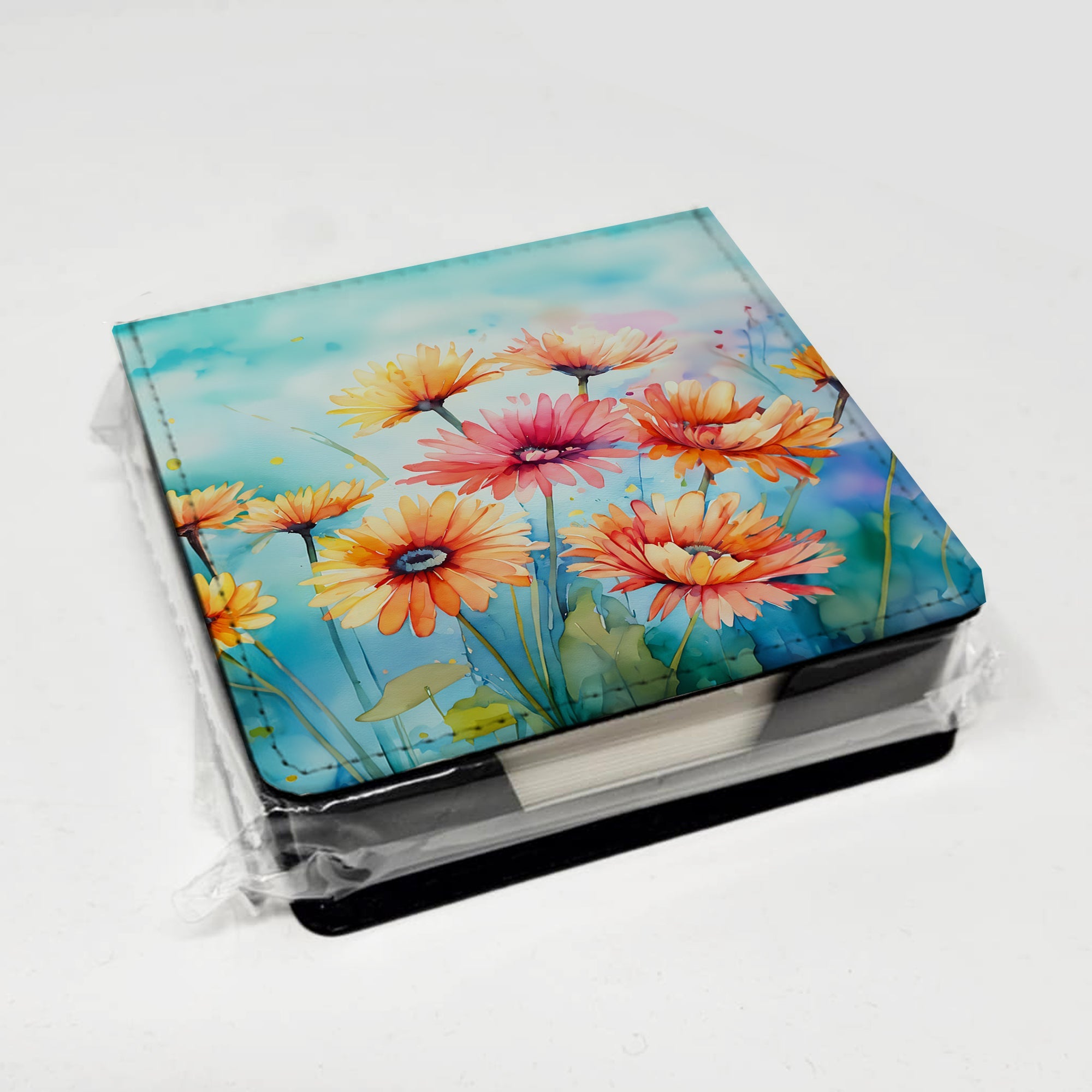Gerbera Daisies in Watercolor PU Leather Note Paper Holder with Artist-Designed Cover, Desk Accessory, Office Gift