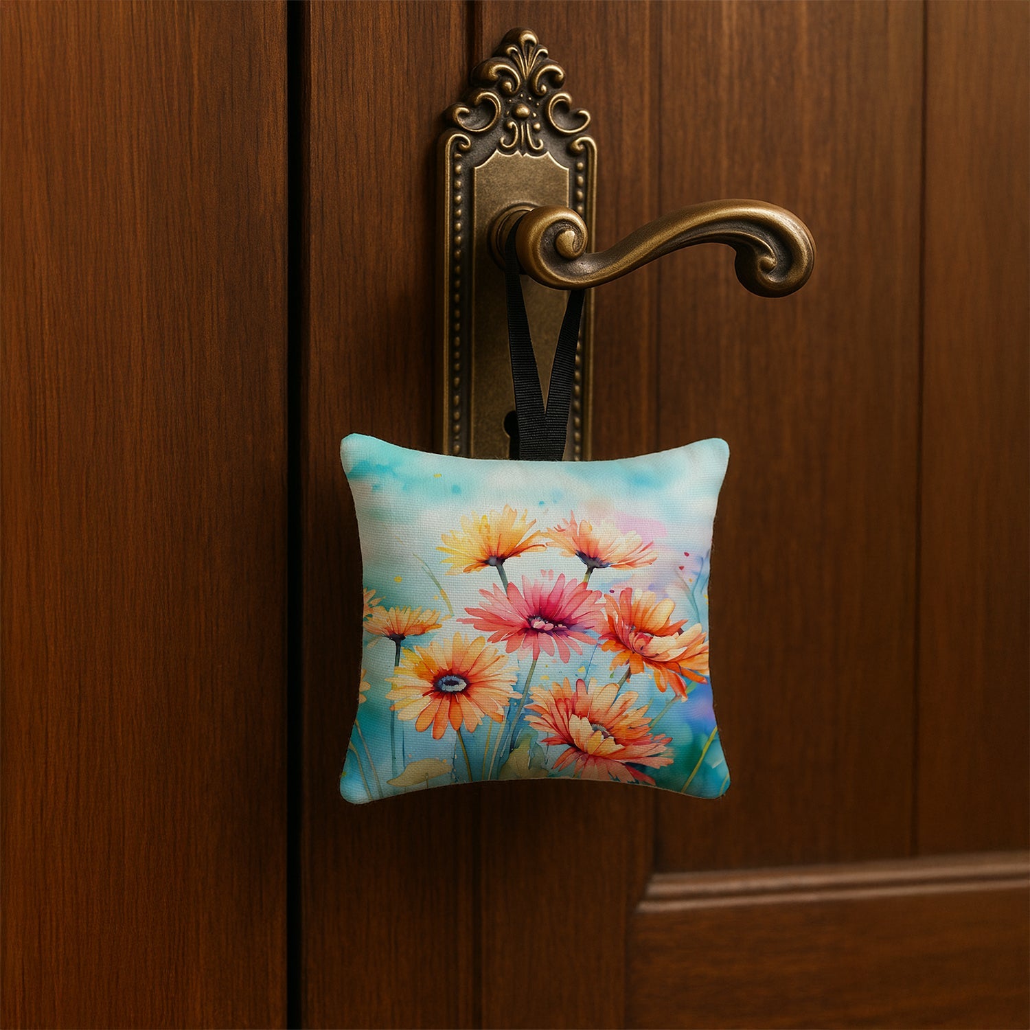 Gerbera Daisies in Watercolor Hanging Square Fabric Ornament 3.5 × 3.5 Decorative Door-Knob & Tree Hanger, Soft Fabric