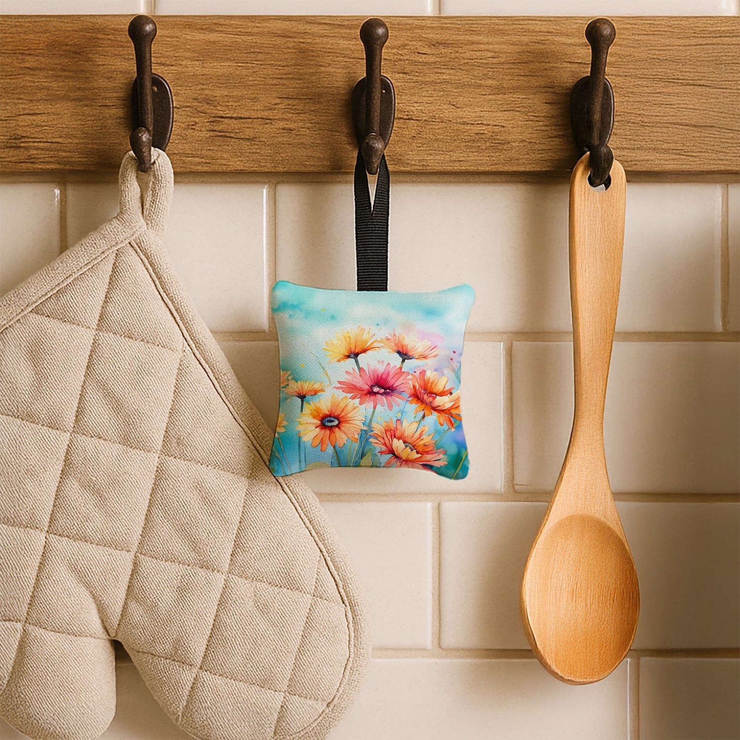 Gerbera Daisies in Watercolor Hanging Square Fabric Ornament 3.5 × 3.5 Decorative Door-Knob & Tree Hanger, Soft Fabric
