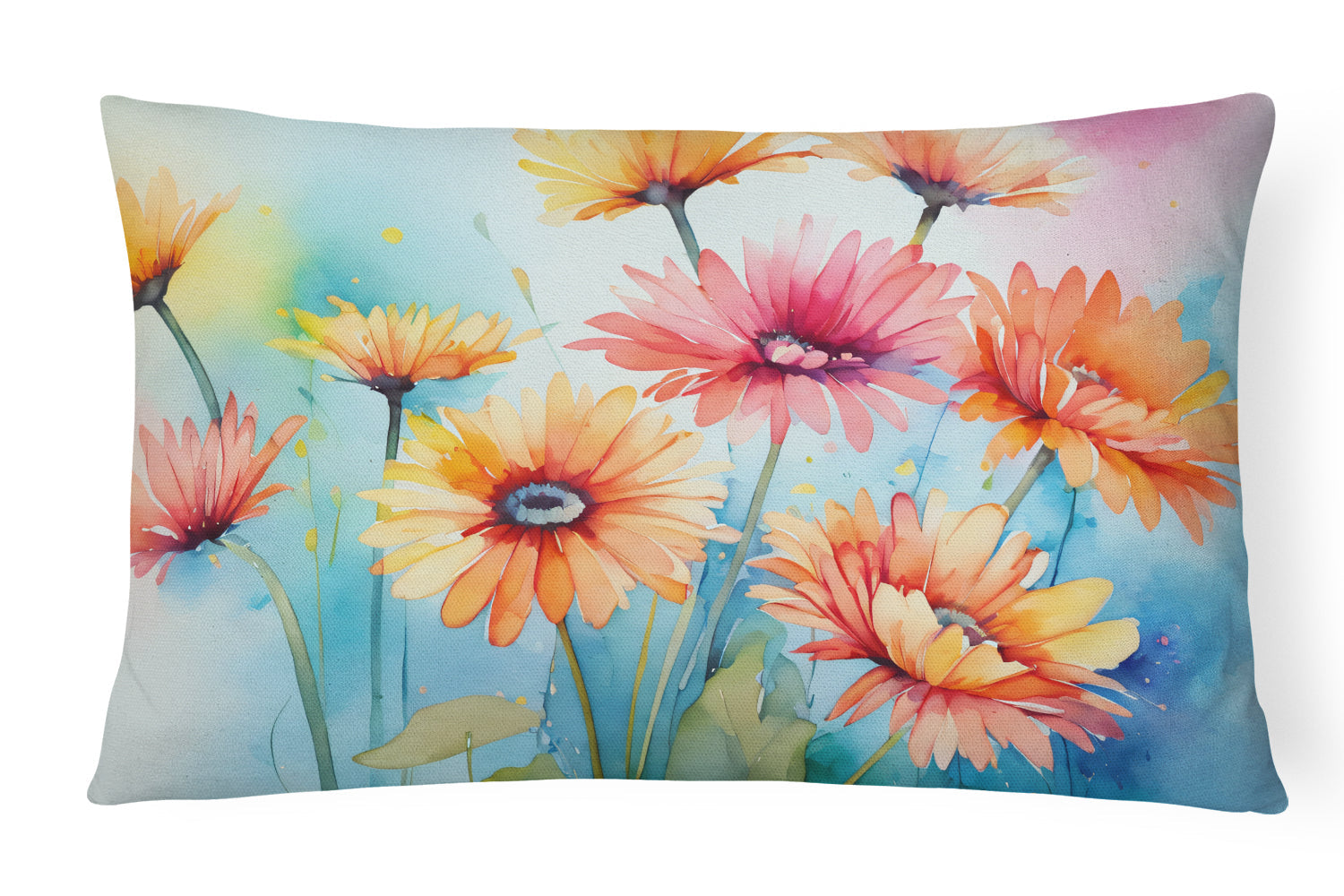 Gerbera Daisies in Watercolor Decorative Throw Pillow 12x16 Indoor Outdoor Accent Cushion, Fabric Cover with Insert for Sofa, Bed, Porch & Living Room