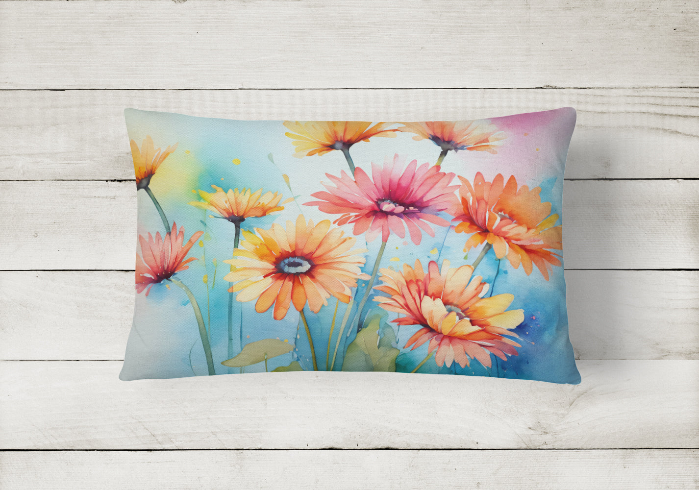 Gerbera Daisies in Watercolor Decorative Throw Pillow 12x16 Indoor Outdoor Accent Cushion, Fabric Cover with Insert for Sofa, Bed, Porch & Living Room
