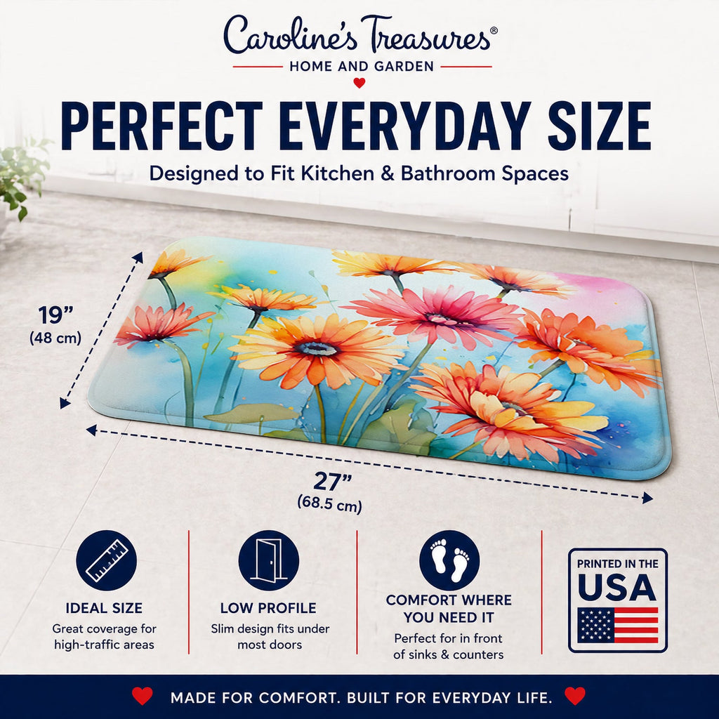 Gerbera Daisies in Watercolor Memory Foam Kitchen Mat Machine Washable Anti-Fatigue Cushion Comfort Bath or Kitchen Rug