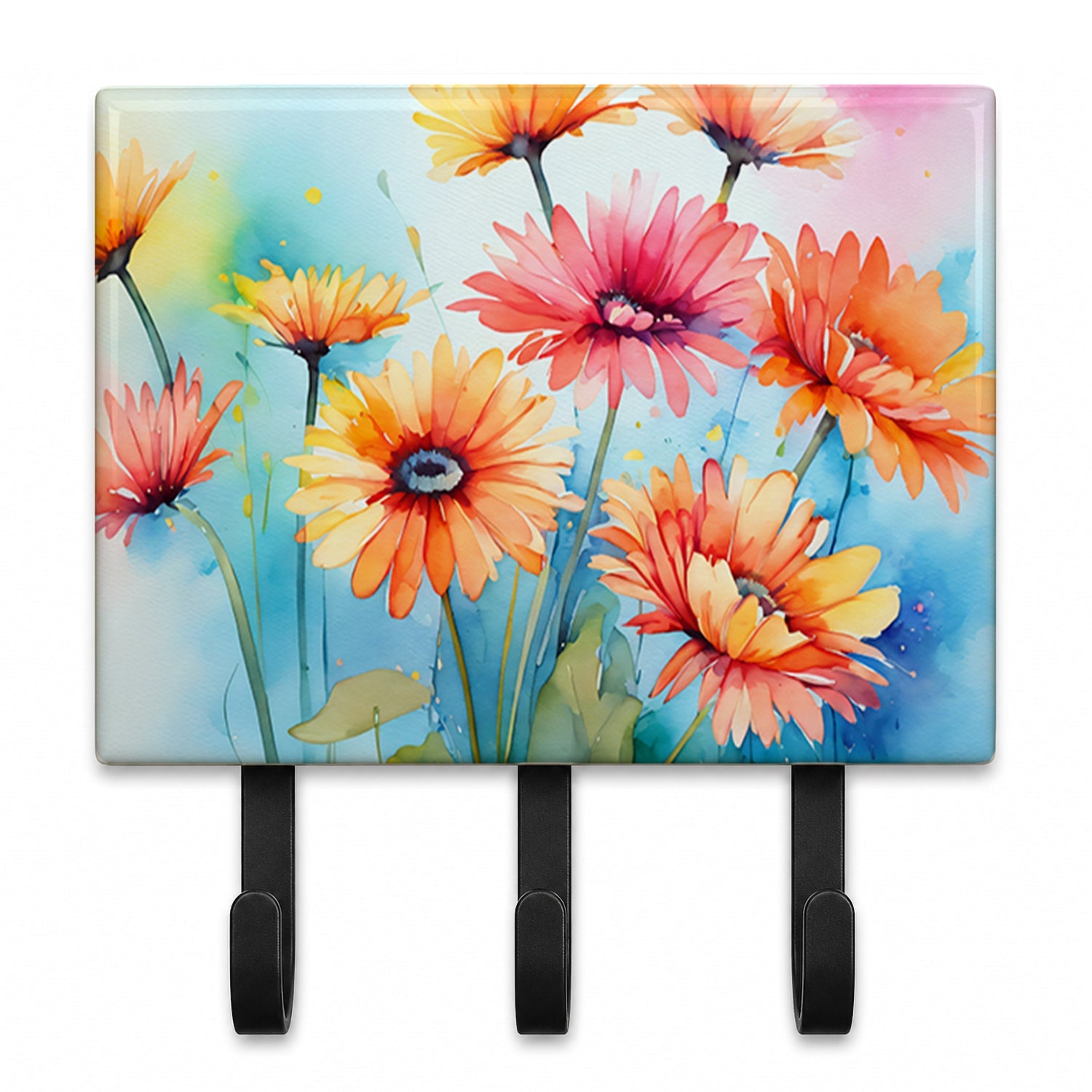 Gerbera Daisies in Watercolor Leash or Key Holder Wall Hooks, Coat Rack Wall Mount, for Hanging Keys, Towels, Aprons, Leashes