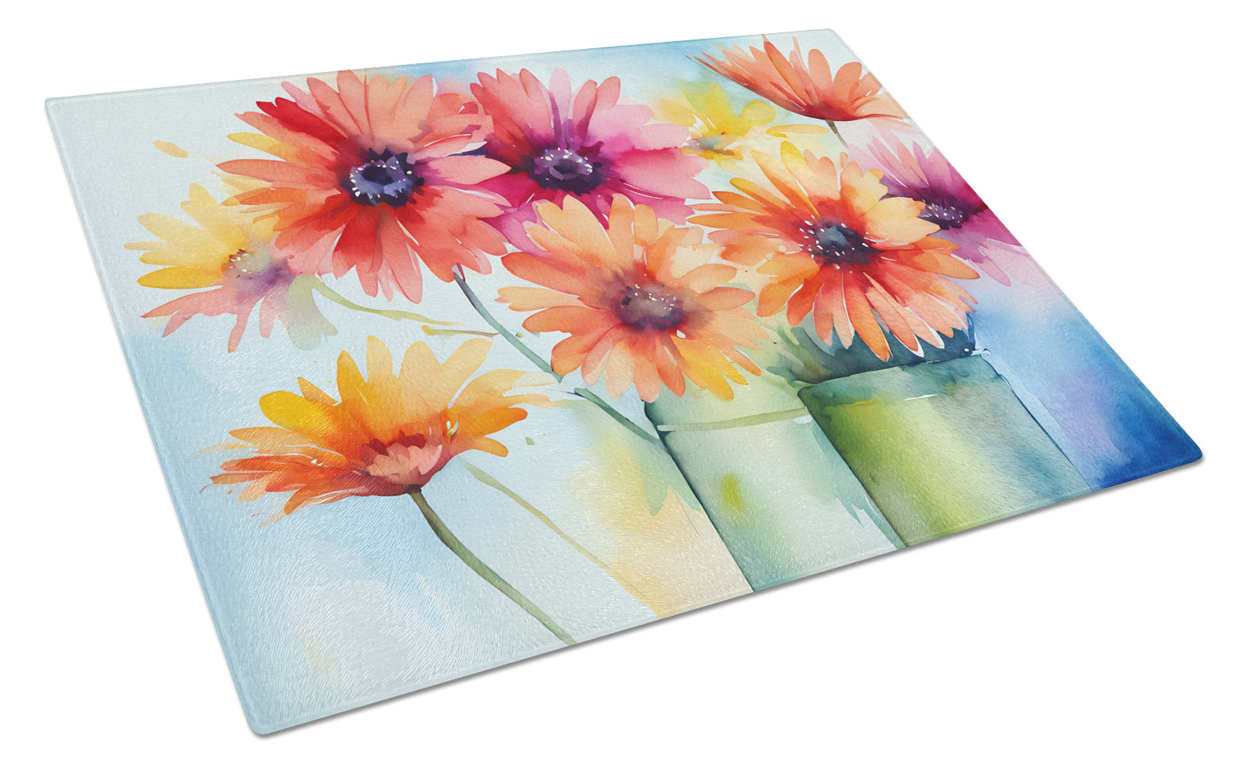 Gerbera Daisies in Watercolor Cutting Board Tempered Glass Kitchen Cutting Surface, Heat Resistant Chopping, Non-Slip Feet, Food Prep & Serving
