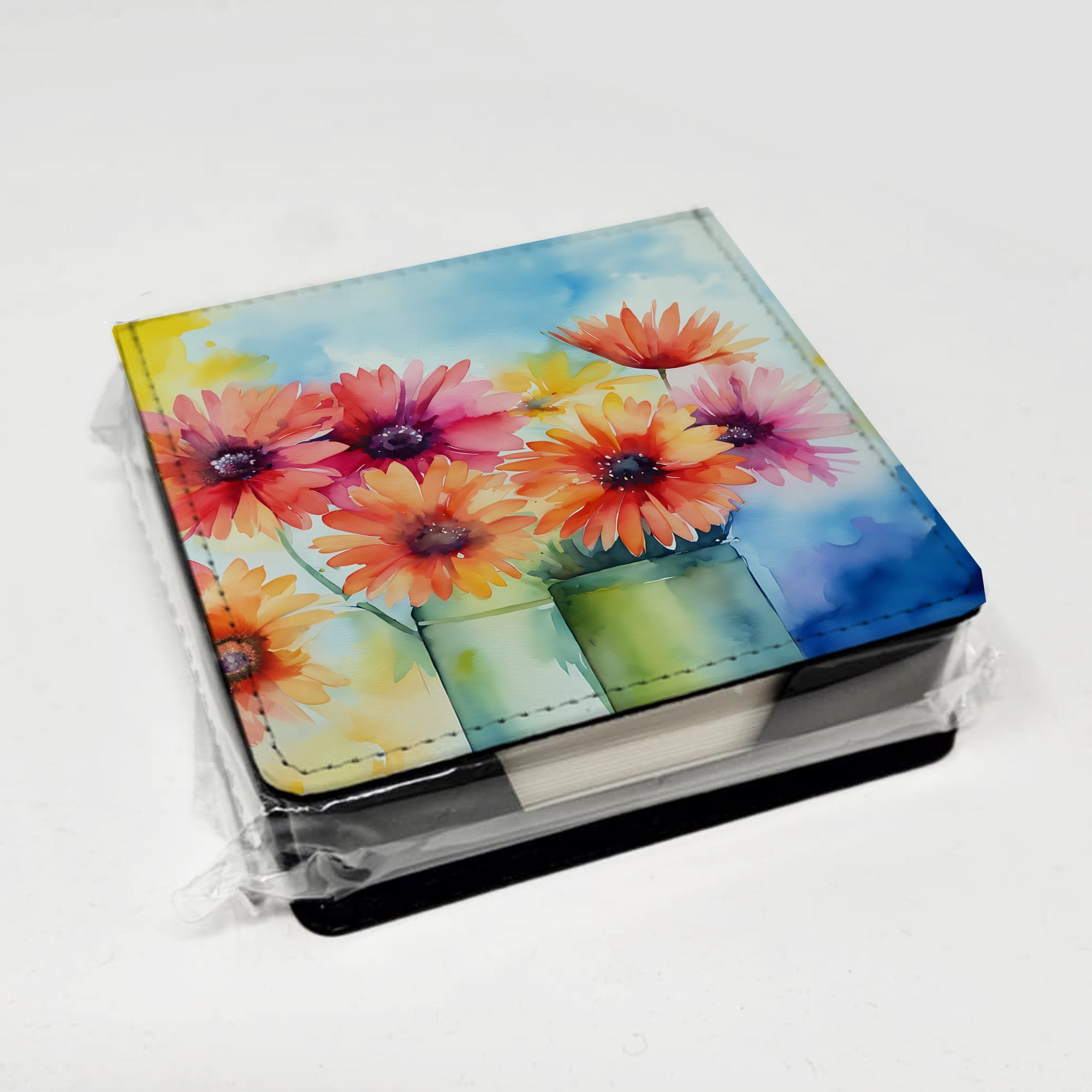 Gerbera Daisies in Watercolor PU Leather Note Paper Holder with Artist-Designed Cover, Desk Accessory, Office Gift
