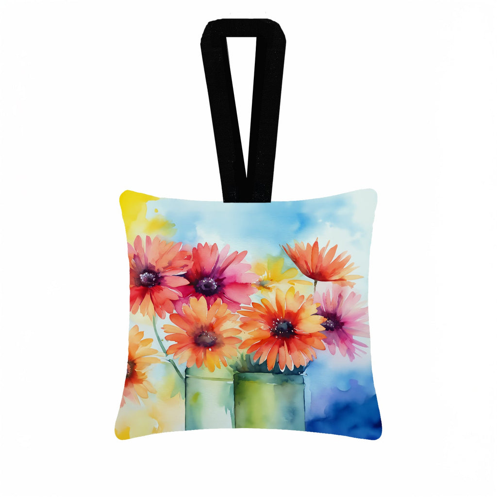 Gerbera Daisies in Watercolor Hanging Square Fabric Ornament 3.5 × 3.5 Decorative Door-Knob & Tree Hanger, Soft Fabric