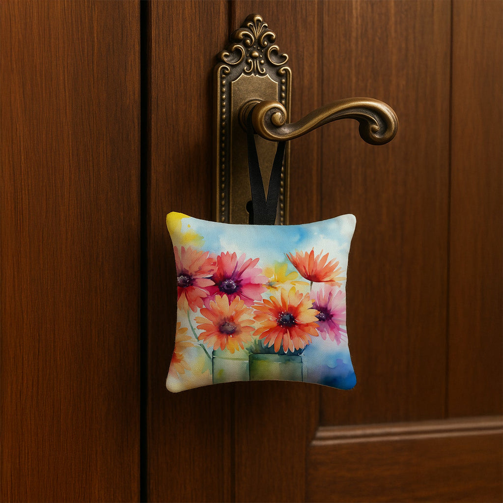 Gerbera Daisies in Watercolor Hanging Square Fabric Ornament 3.5 × 3.5 Decorative Door-Knob & Tree Hanger, Soft Fabric
