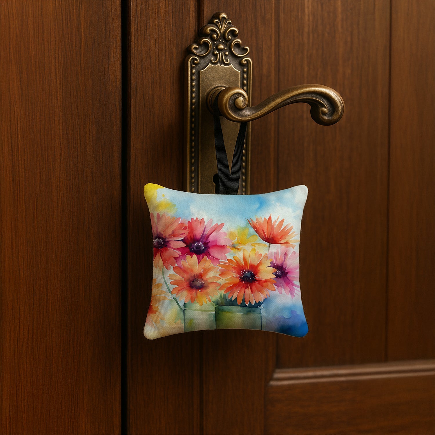 Gerbera Daisies in Watercolor Hanging Square Fabric Ornament 3.5 × 3.5 Decorative Door-Knob & Tree Hanger, Soft Fabric