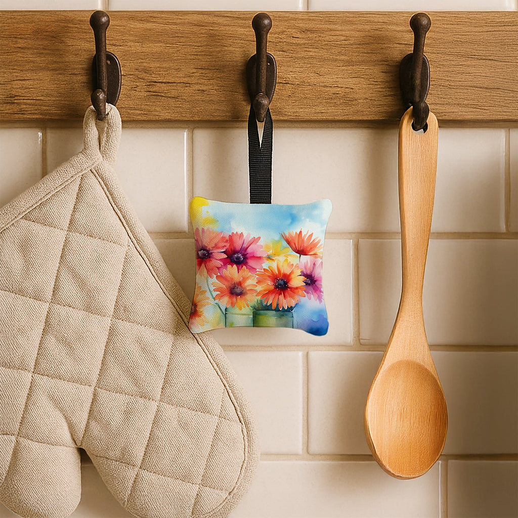 Gerbera Daisies in Watercolor Hanging Square Fabric Ornament 3.5 × 3.5 Decorative Door-Knob & Tree Hanger, Soft Fabric