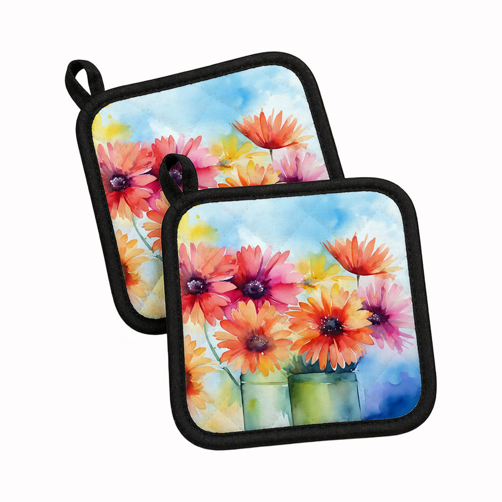 Gerbera Daisies in Watercolor Pot Holder Set of 2 Heat Resistant Quilted Hot Pads 7.5 x 7.5 Inch, Insulated Kitchen Trivets for Cooking & Baking
