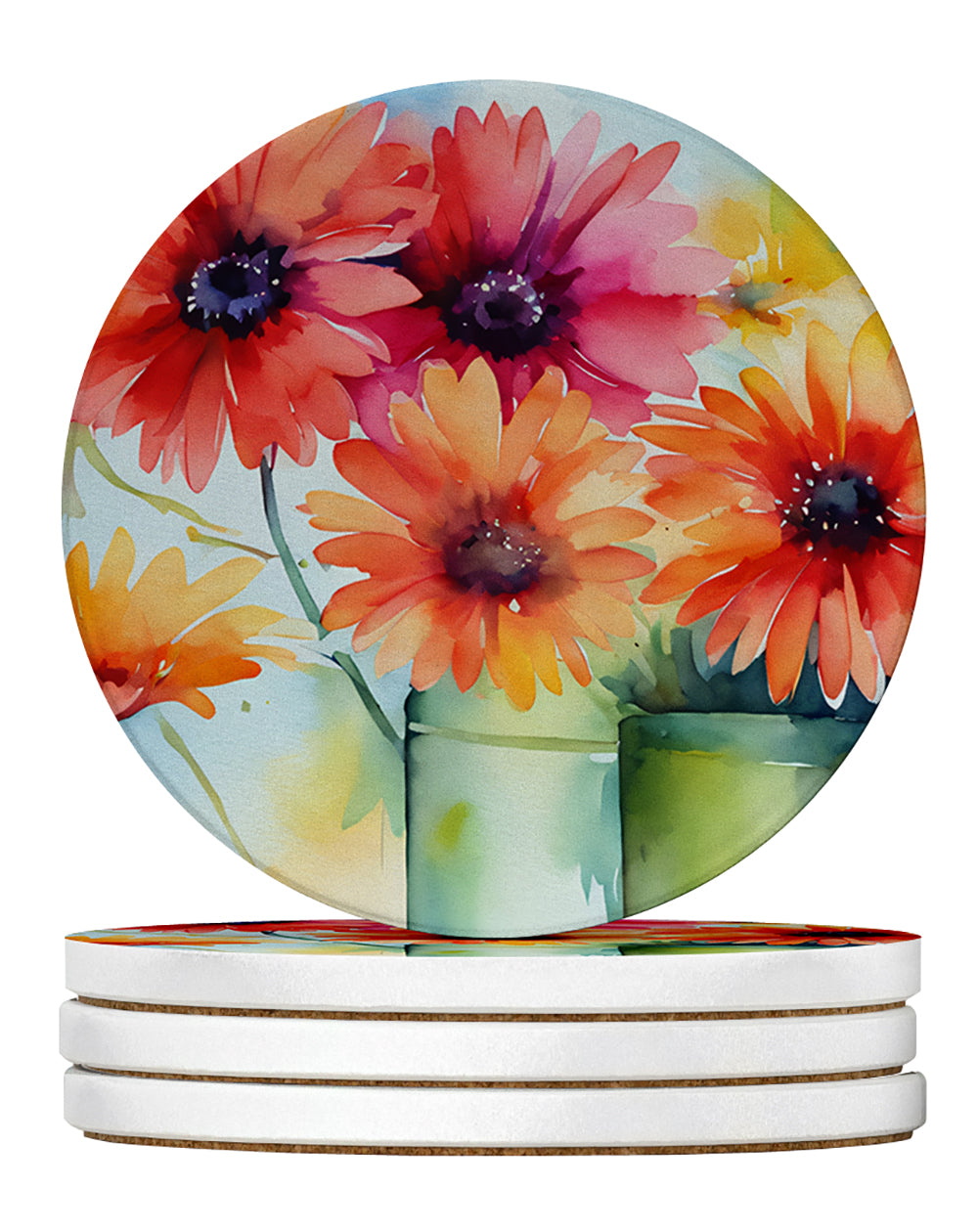 Gerbera Daisies in Watercolor Large Sandstone Coasters Pack of 4 Absorbent Round Coasters Decor Gifts for Men or Women, 4 in, Multicolor