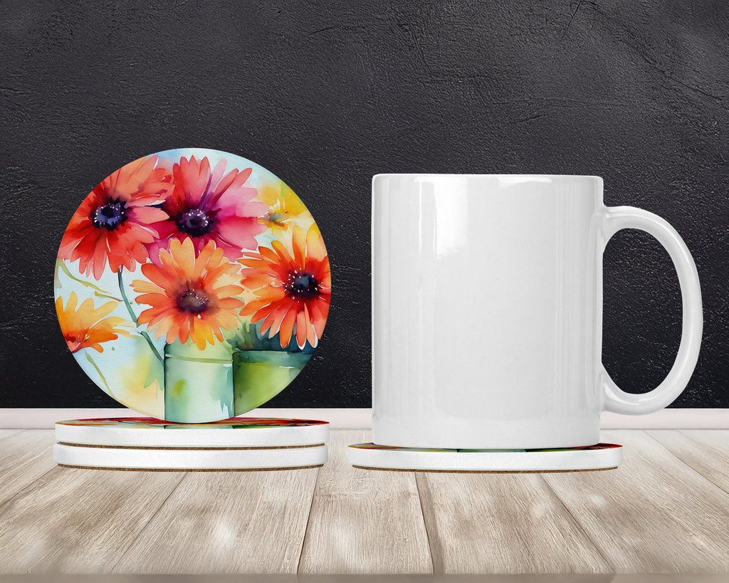Gerbera Daisies in Watercolor Large Sandstone Coasters Pack of 4 Absorbent Round Coasters Decor Gifts for Men or Women, 4 in, Multicolor