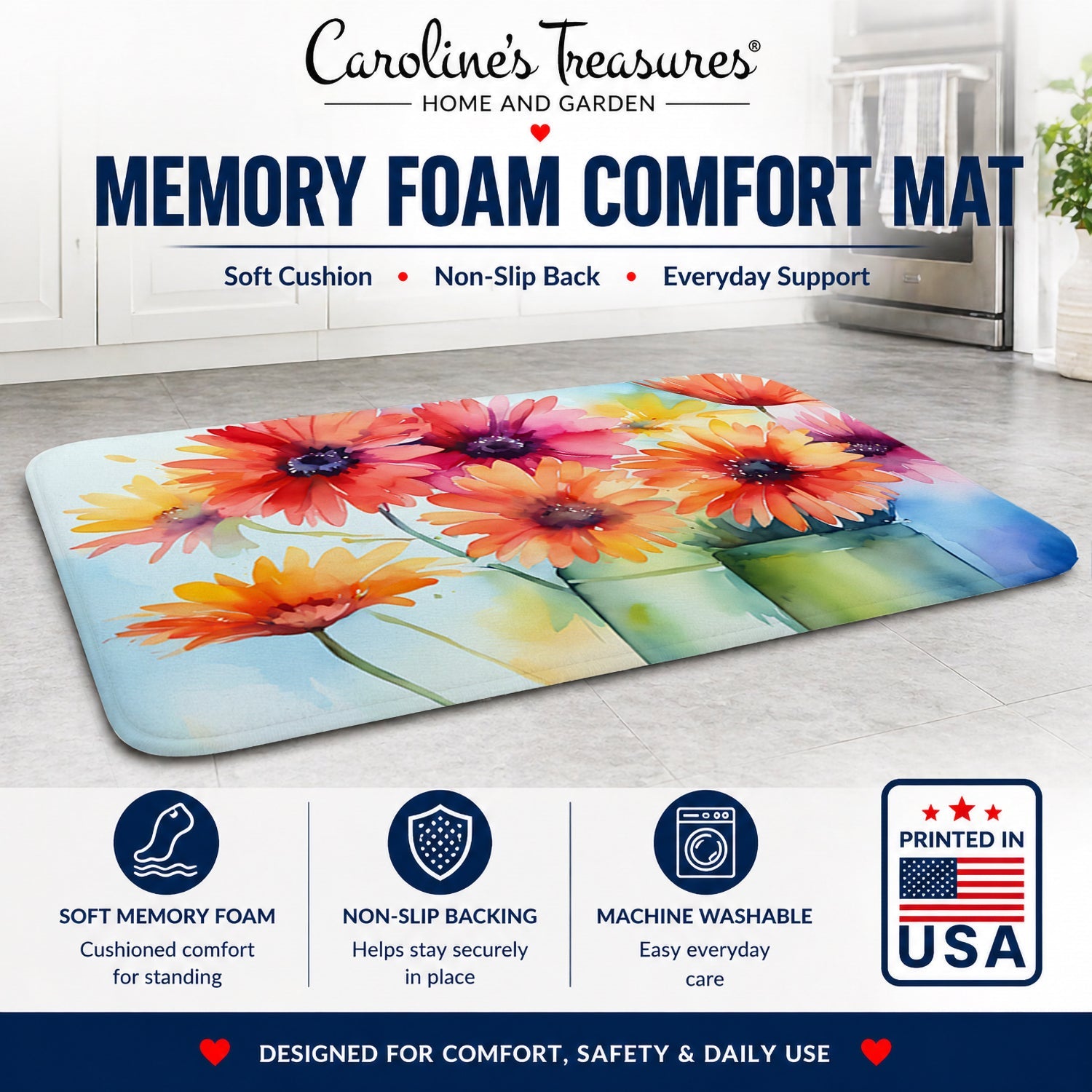 Gerbera Daisies in Watercolor Memory Foam Kitchen Mat Machine Washable Anti-Fatigue Cushion Comfort Bath or Kitchen Rug