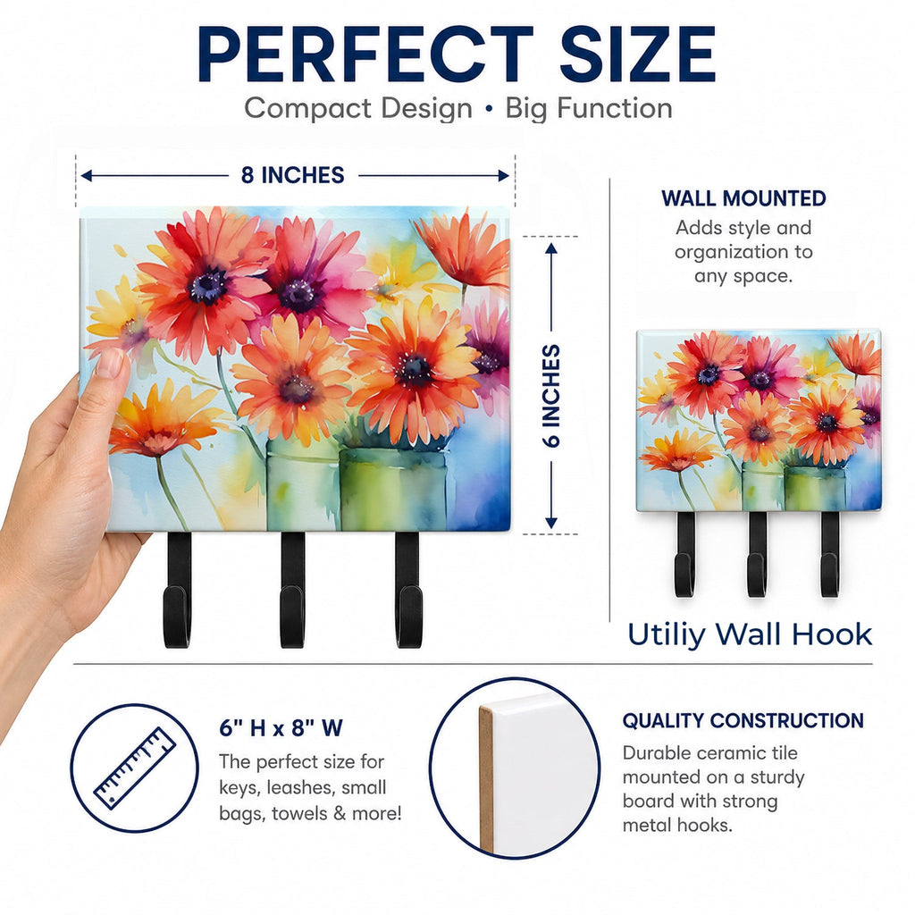 Gerbera Daisies in Watercolor Leash or Key Holder Wall Hooks, Coat Rack Wall Mount, for Hanging Keys, Towels, Aprons, Leashes