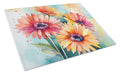 Gerbera Daisies in Watercolor Cutting Board Tempered Glass Kitchen Cutting Surface, Heat Resistant Chopping, Non-Slip Feet, Food Prep & Serving
