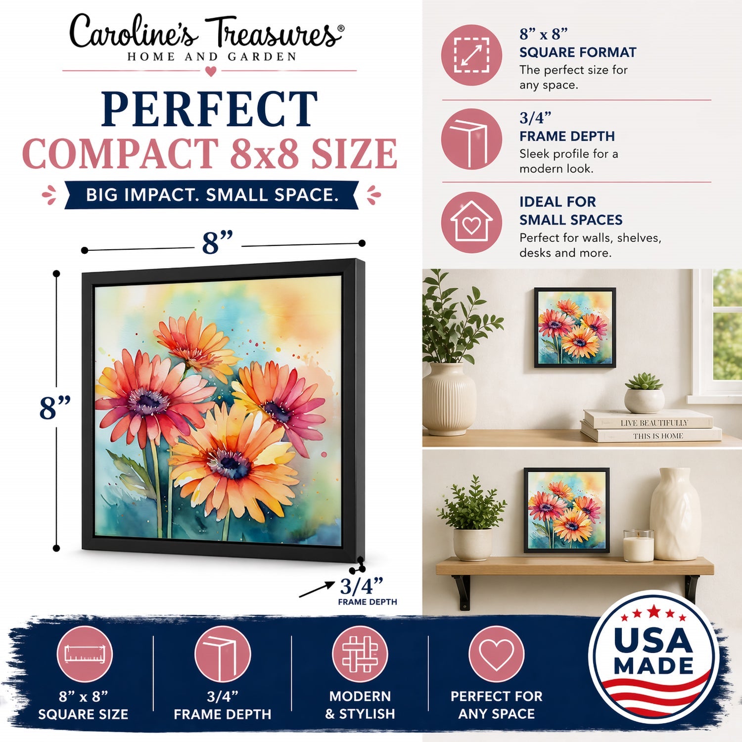 Gerbera Daisies in Watercolor Framed Metal Print Bathroom, Kitchen, Office, Home Decor Wall Art Ready to Hang, Square, 8X8