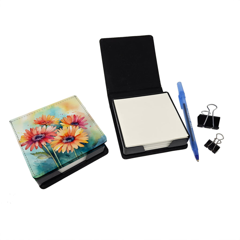Gerbera Daisies in Watercolor PU Leather Note Paper Holder with Artist-Designed Cover, Desk Accessory, Office Gift