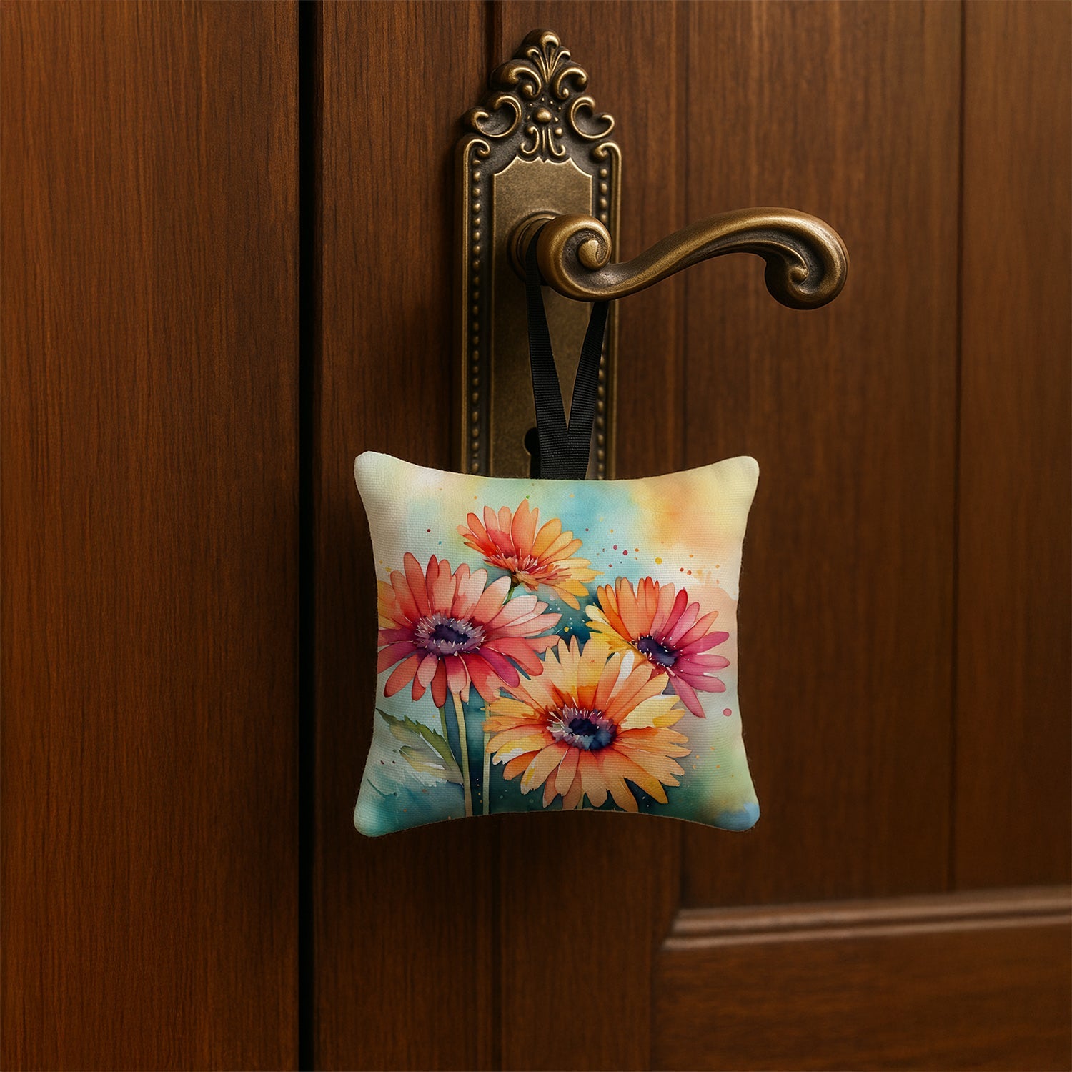 Gerbera Daisies in Watercolor Hanging Square Fabric Ornament 3.5 × 3.5 Decorative Door-Knob & Tree Hanger, Soft Fabric