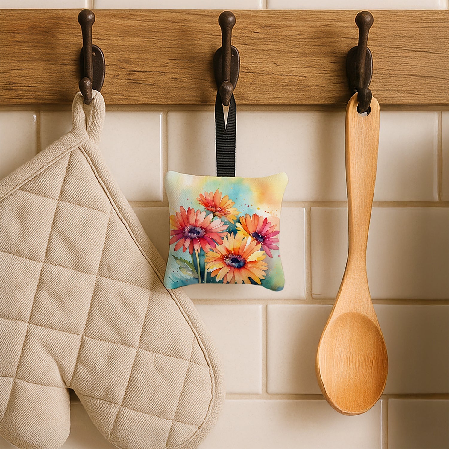 Gerbera Daisies in Watercolor Hanging Square Fabric Ornament 3.5 × 3.5 Decorative Door-Knob & Tree Hanger, Soft Fabric
