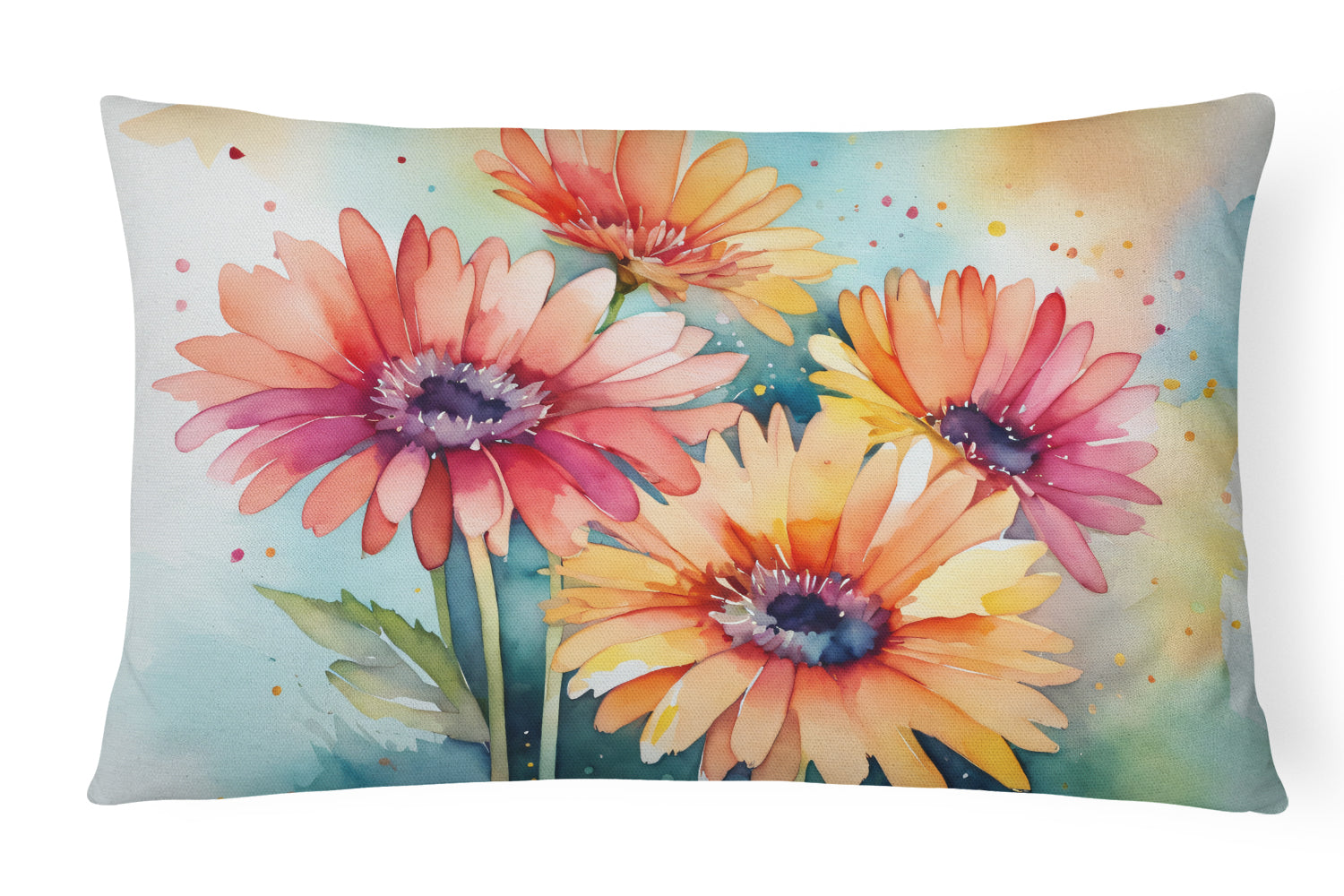 Gerbera Daisies in Watercolor Decorative Throw Pillow 12x16 Indoor Outdoor Accent Cushion, Fabric Cover with Insert for Sofa, Bed, Porch & Living Room