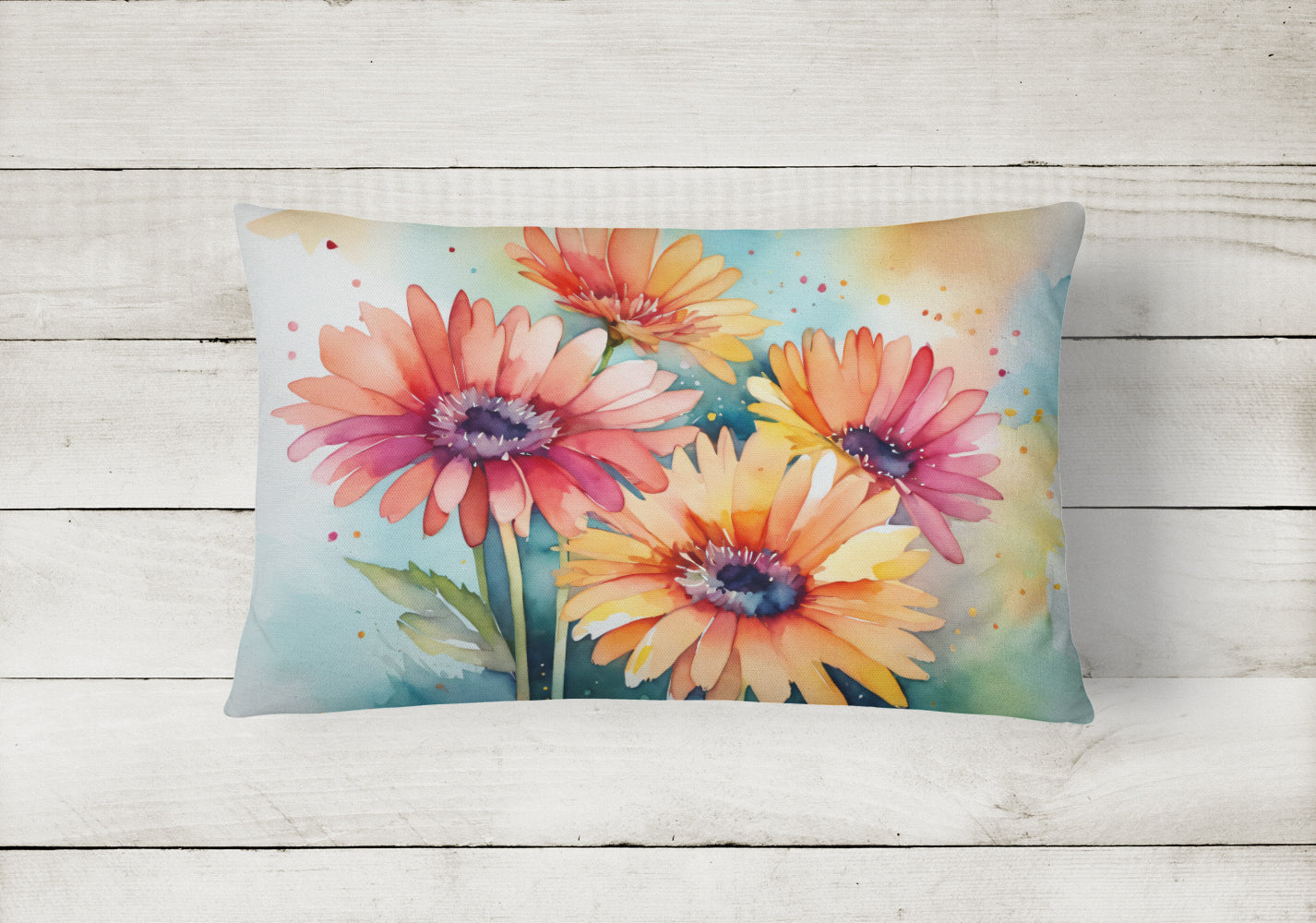 Gerbera Daisies in Watercolor Decorative Throw Pillow 12x16 Indoor Outdoor Accent Cushion, Fabric Cover with Insert for Sofa, Bed, Porch & Living Room