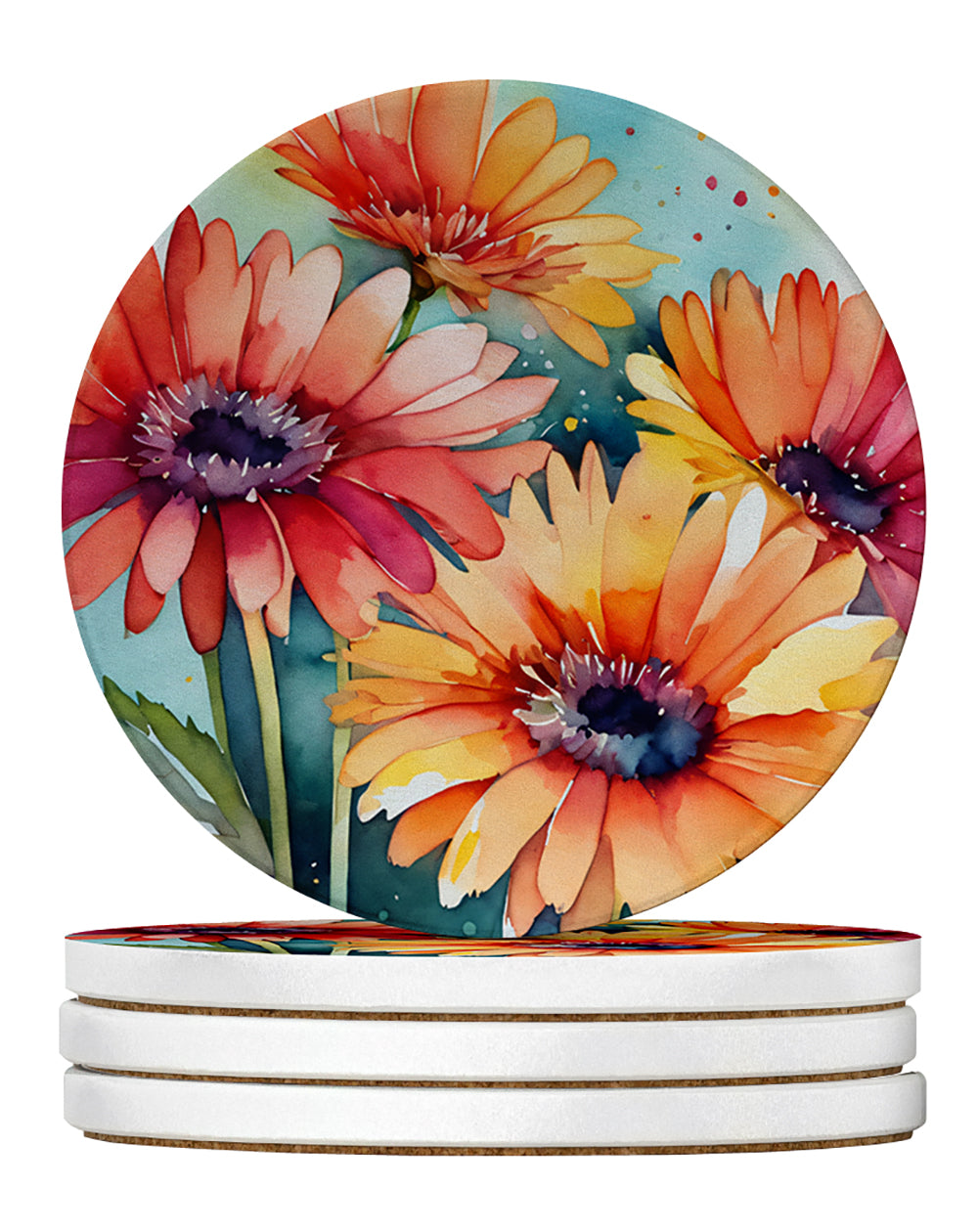 Gerbera Daisies in Watercolor Large Sandstone Coasters Pack of 4 Absorbent Round Coasters Decor Gifts for Men or Women, 4 in, Multicolor