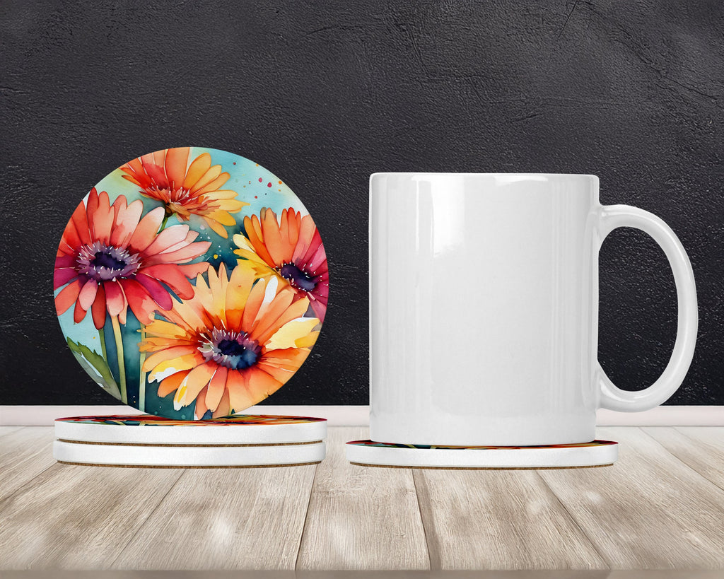 Gerbera Daisies in Watercolor Large Sandstone Coasters Pack of 4 Absorbent Round Coasters Decor Gifts for Men or Women, 4 in, Multicolor
