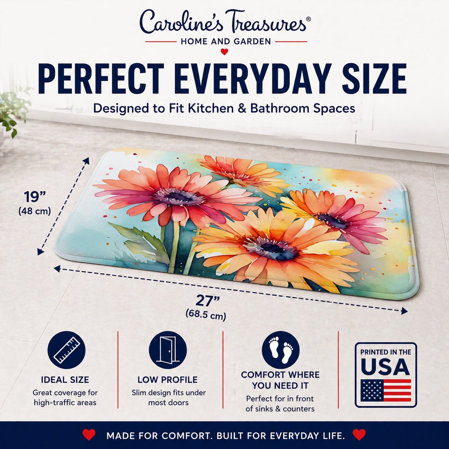 Gerbera Daisies in Watercolor Memory Foam Kitchen Mat Machine Washable Anti-Fatigue Cushion Comfort Bath or Kitchen Rug