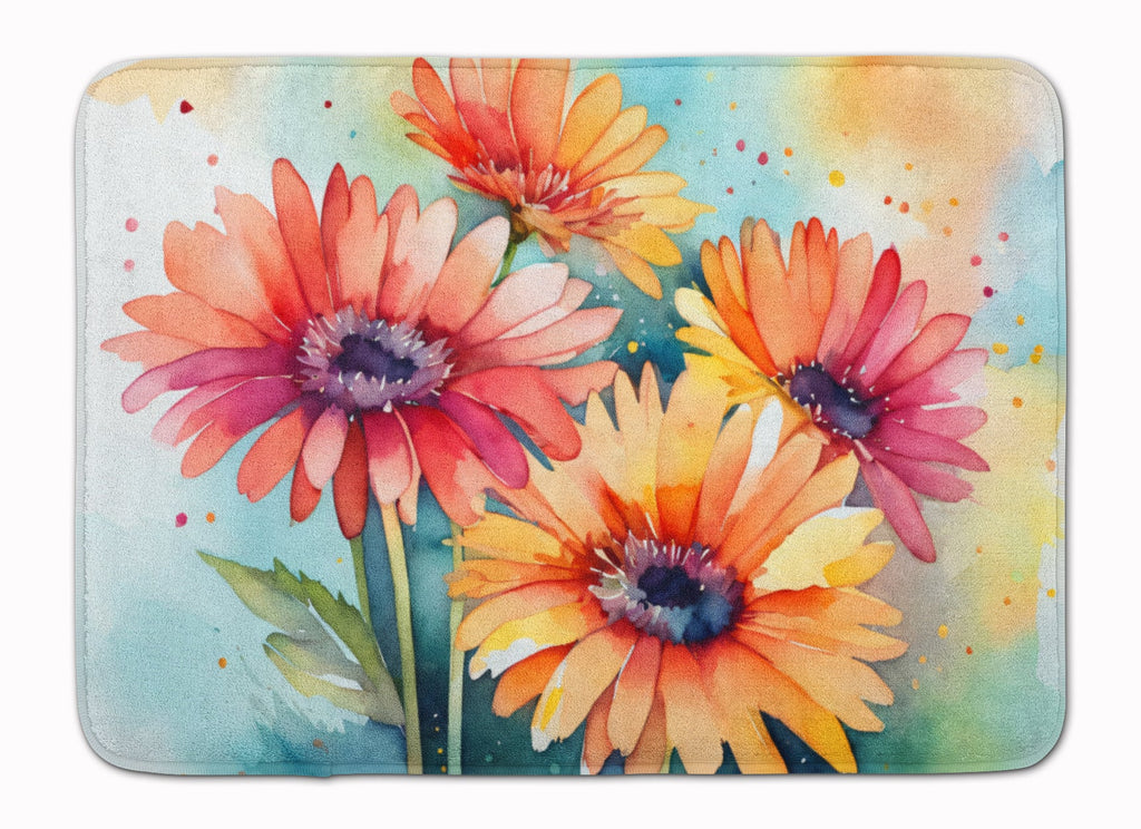 Gerbera Daisies in Watercolor Memory Foam Kitchen Mat Machine Washable Anti-Fatigue Cushion Comfort Bath or Kitchen Rug