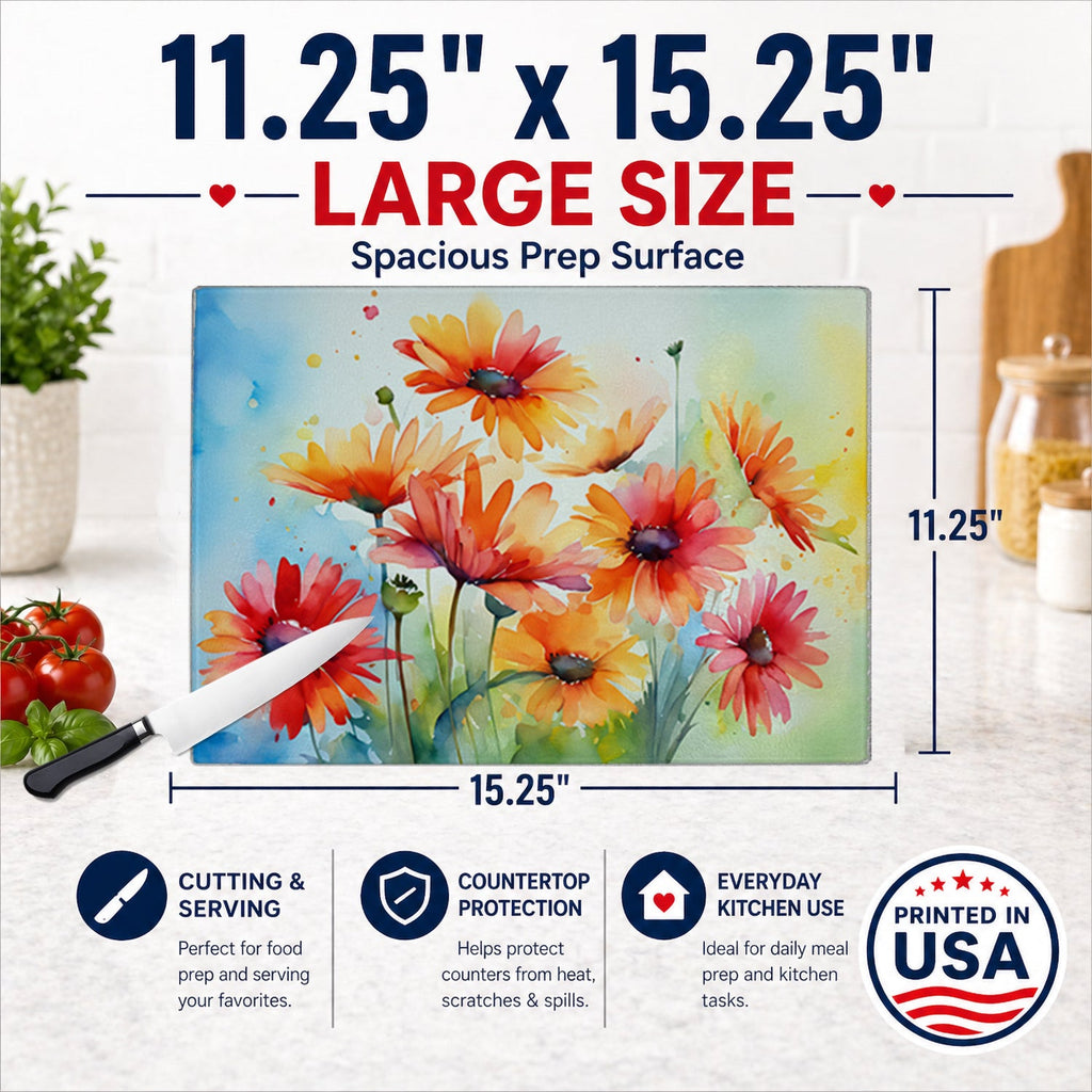 Gerbera Daisies in Watercolor Cutting Board Tempered Glass Kitchen Cutting Surface, Heat Resistant Chopping, Non-Slip Feet, Food Prep & Serving