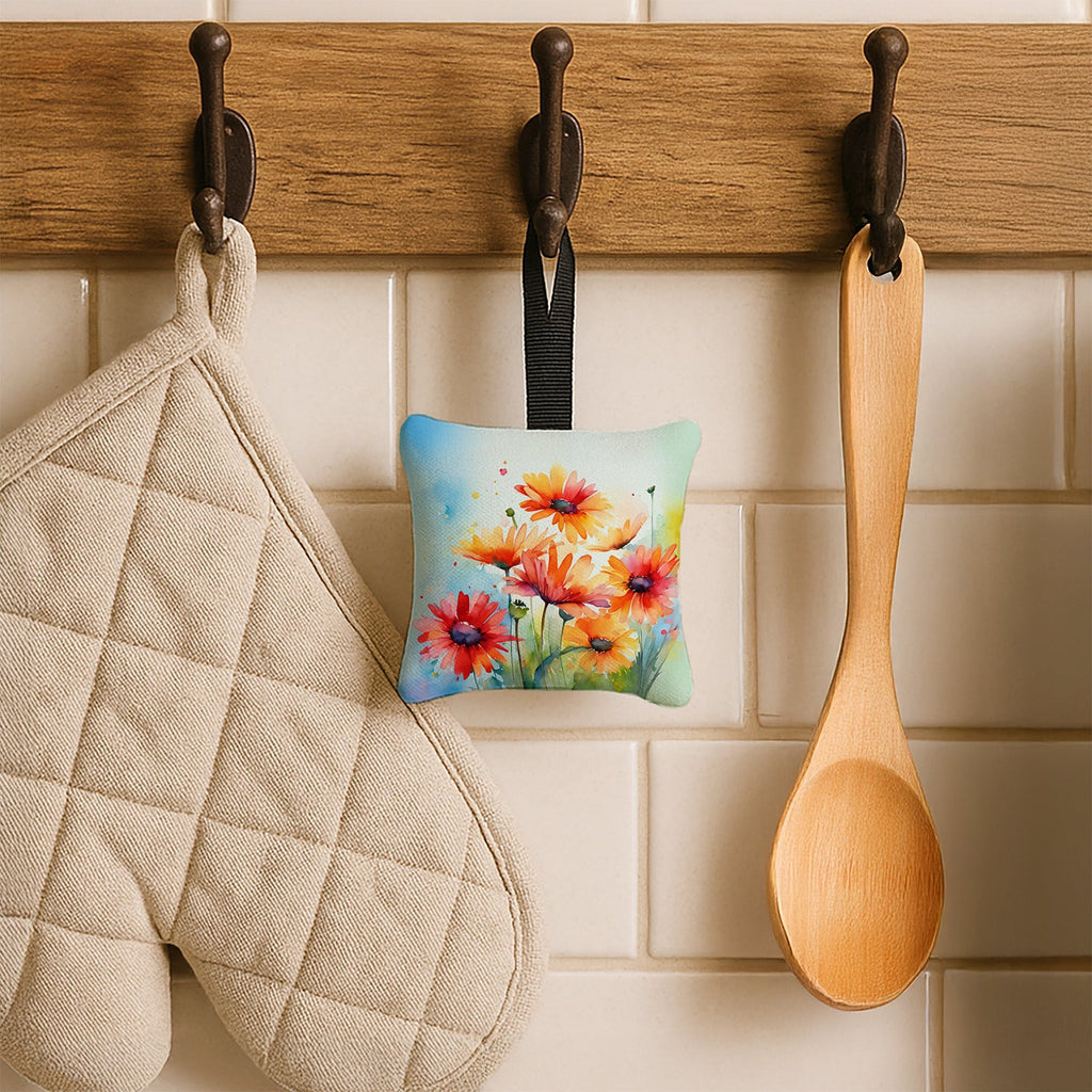Gerbera Daisies in Watercolor Hanging Square Fabric Ornament 3.5 × 3.5 Decorative Door-Knob & Tree Hanger, Soft Fabric