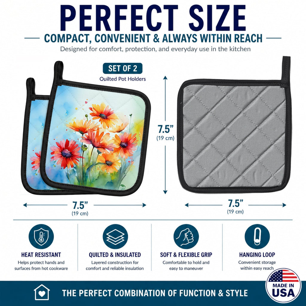 Gerbera Daisies in Watercolor Pot Holder Set of 2 Heat Resistant Quilted Hot Pads 7.5 x 7.5 Inch, Insulated Kitchen Trivets for Cooking & Baking