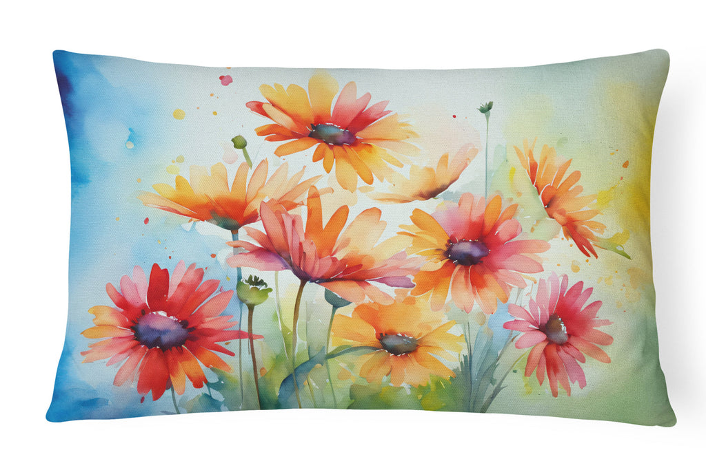 Gerbera Daisies in Watercolor Decorative Throw Pillow 12x16 Indoor Outdoor Accent Cushion, Fabric Cover with Insert for Sofa, Bed, Porch & Living Room