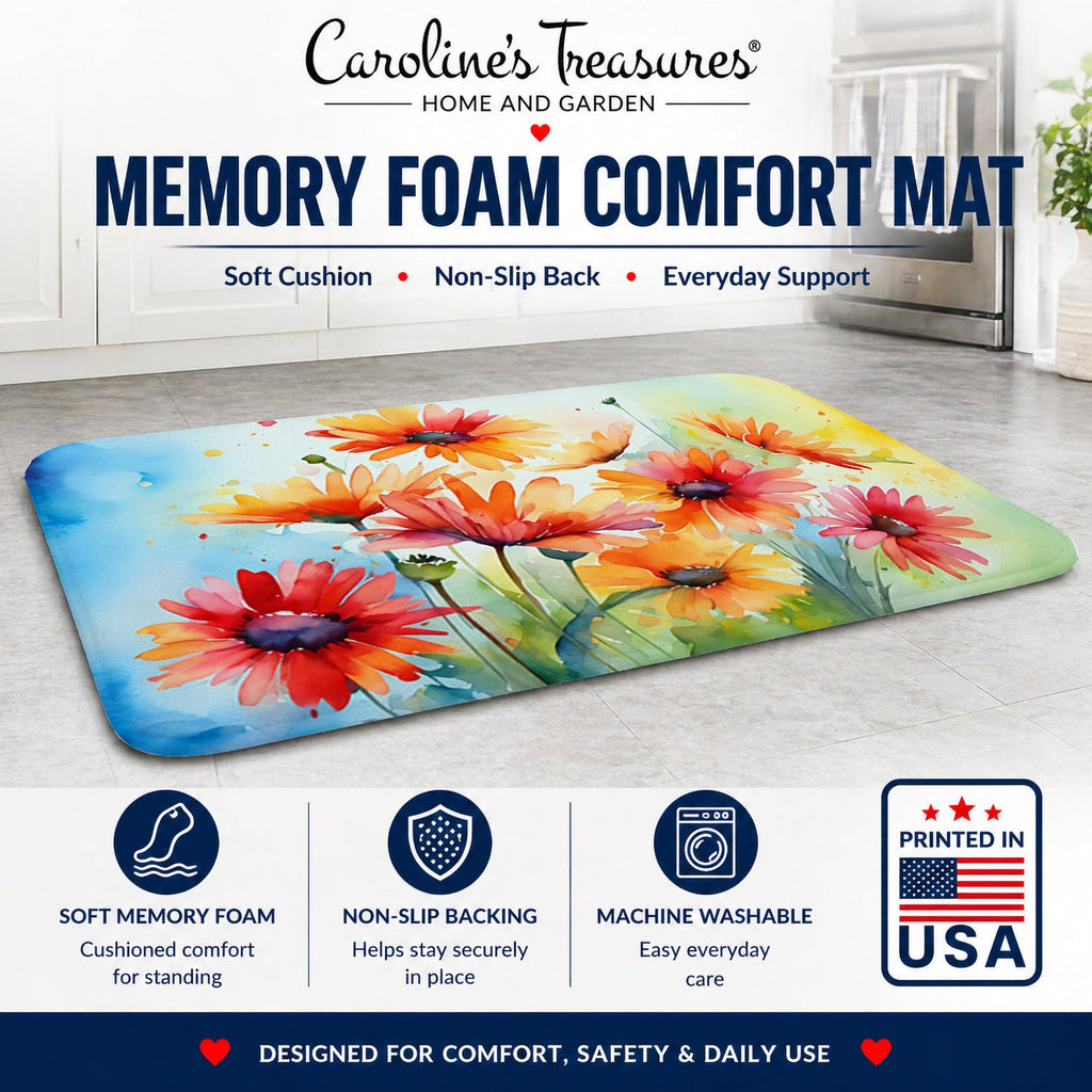 Gerbera Daisies in Watercolor Memory Foam Kitchen Mat Machine Washable Anti-Fatigue Cushion Comfort Bath or Kitchen Rug