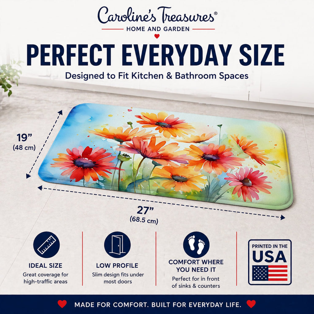 Gerbera Daisies in Watercolor Memory Foam Kitchen Mat Machine Washable Anti-Fatigue Cushion Comfort Bath or Kitchen Rug