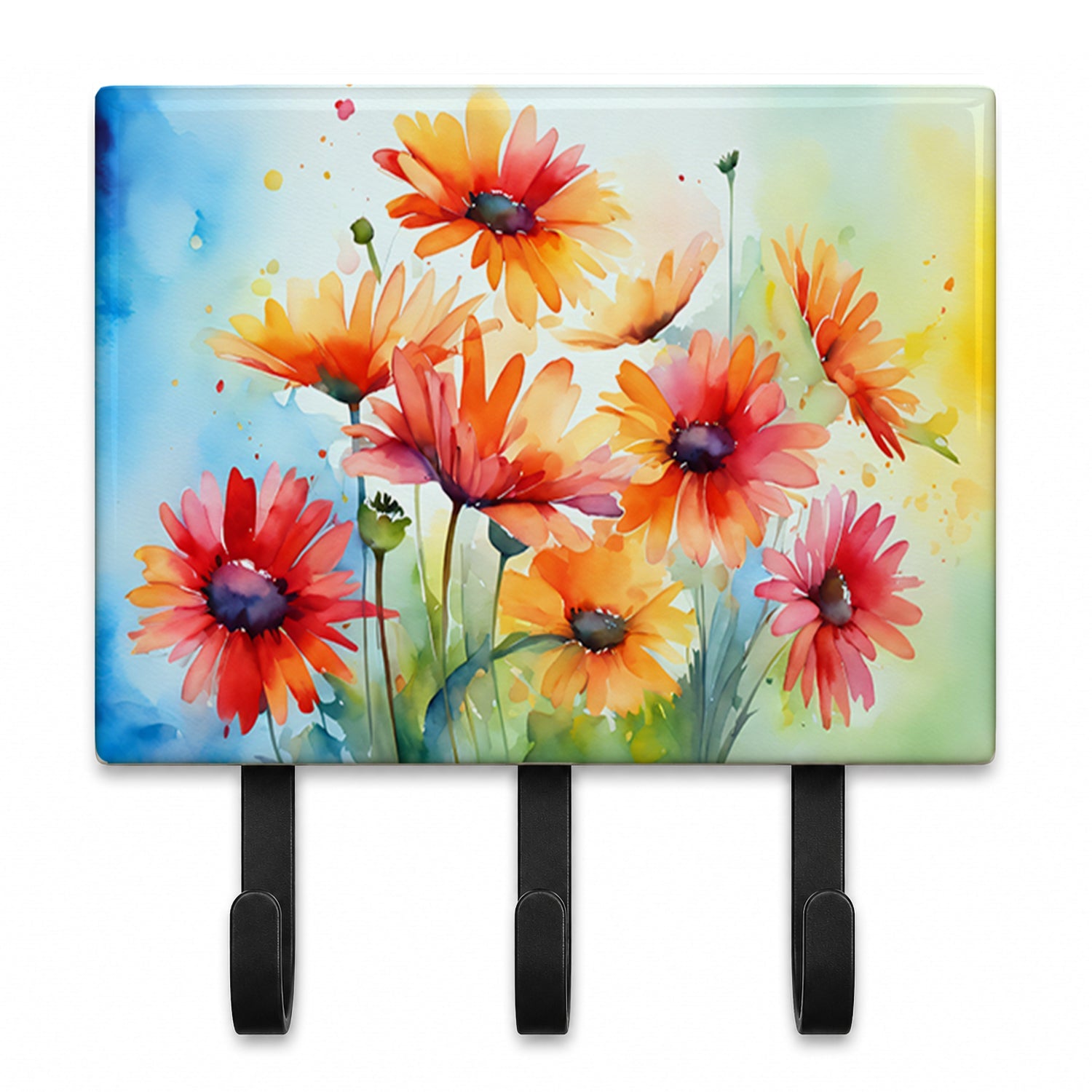 Gerbera Daisies in Watercolor Leash or Key Holder Wall Hooks, Coat Rack Wall Mount, for Hanging Keys, Towels, Aprons, Leashes
