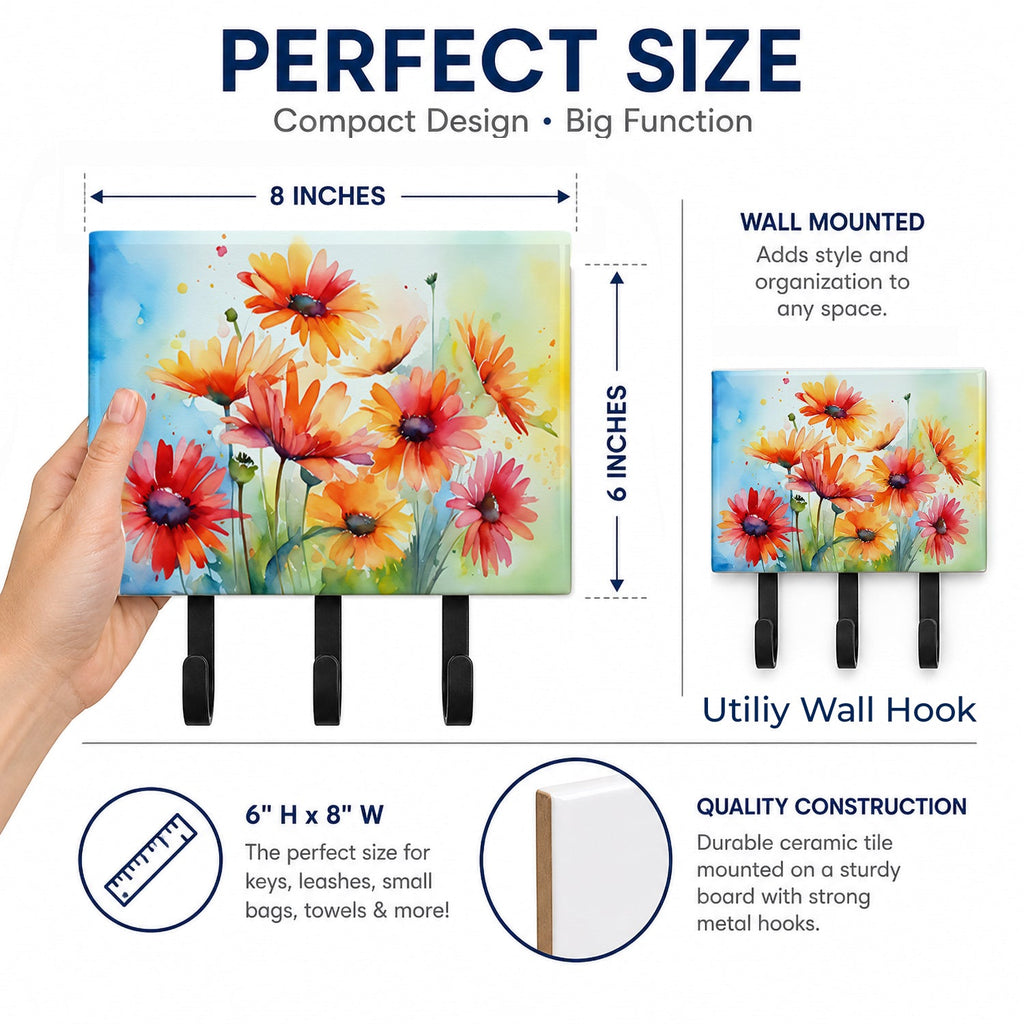 Gerbera Daisies in Watercolor Leash or Key Holder Wall Hooks, Coat Rack Wall Mount, for Hanging Keys, Towels, Aprons, Leashes