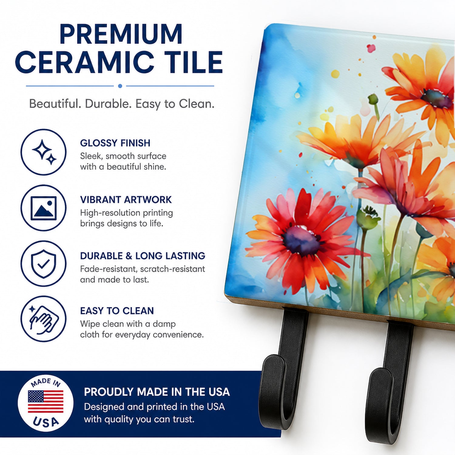 Gerbera Daisies in Watercolor Leash or Key Holder Wall Hooks, Coat Rack Wall Mount, for Hanging Keys, Towels, Aprons, Leashes