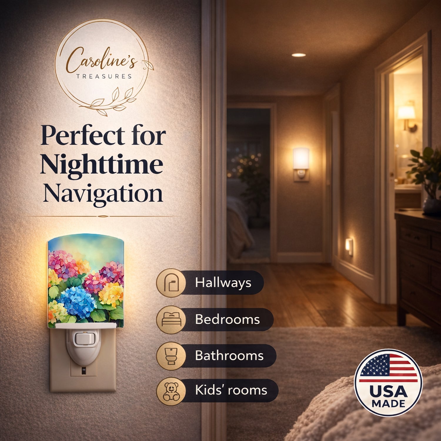Hydrangeas in Watercolor Ceramic Night Light Compact, UL-Certified, Ideal for Bedroom, Bathroom, Nursery, Hallway, Kitchen, 6x4x3, Multicolor