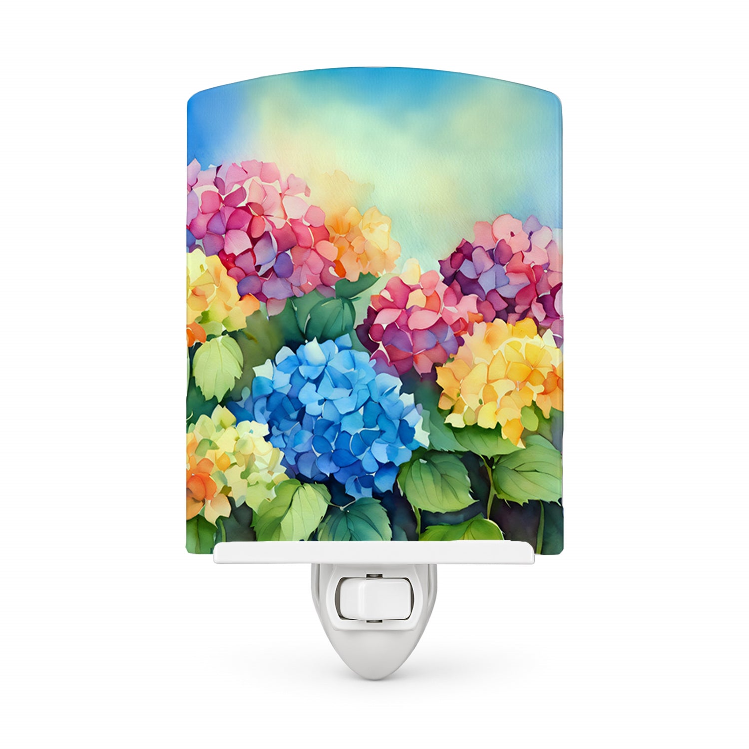 Hydrangeas in Watercolor Ceramic Night Light Compact, UL-Certified, Ideal for Bedroom, Bathroom, Nursery, Hallway, Kitchen, 6x4x3, Multicolor